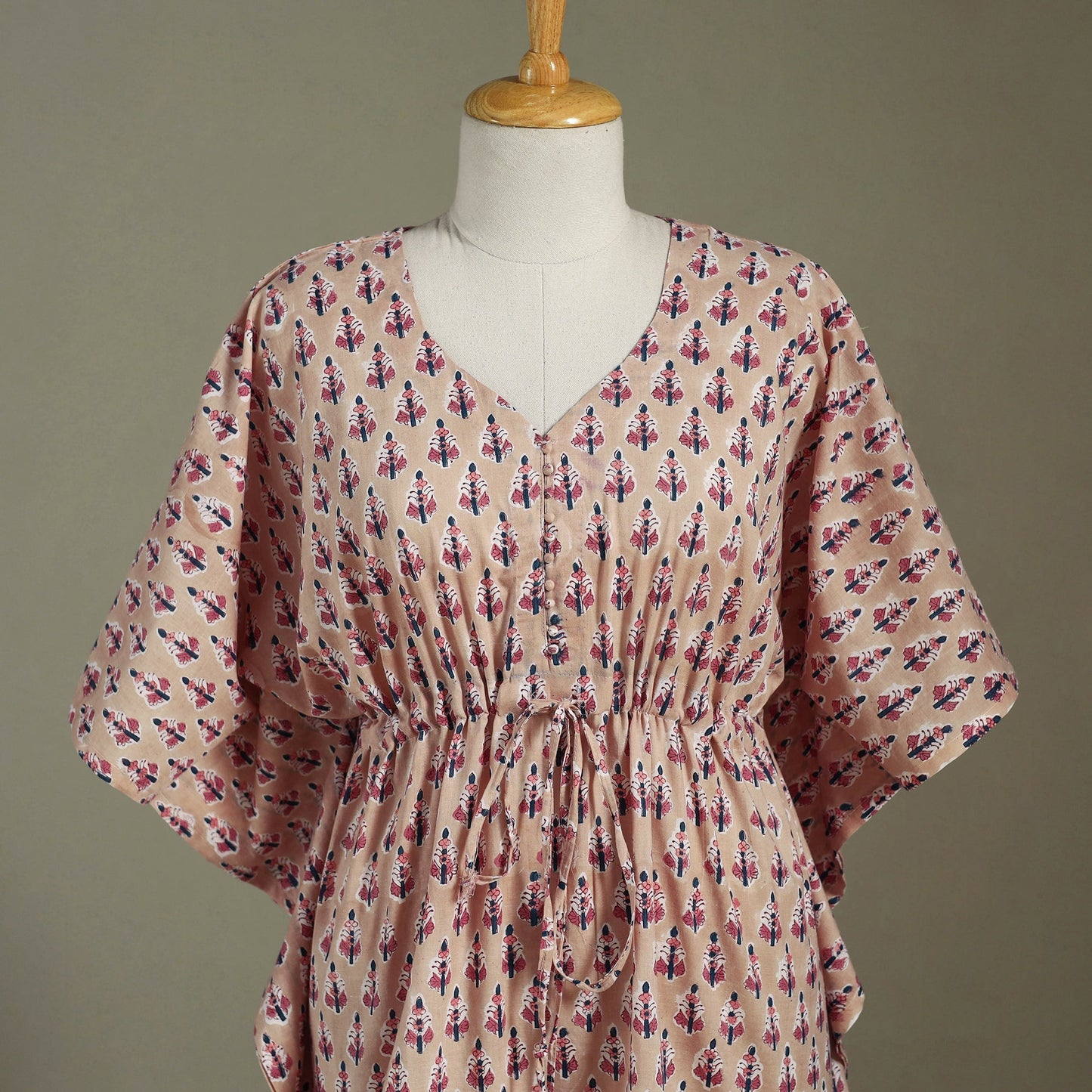 Peach Sanganeri Block Print Cotton Kaftan (Medium)