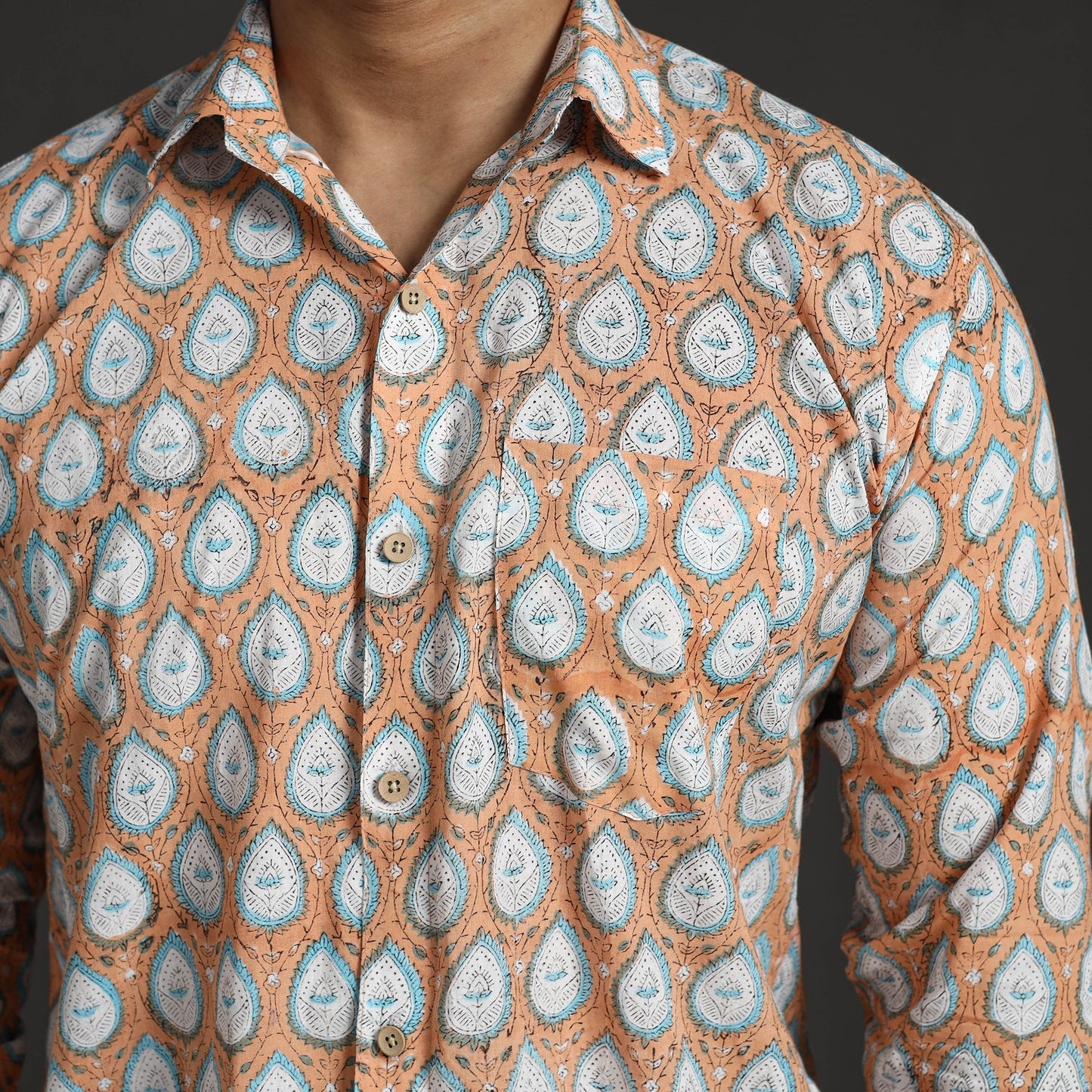 Brown Sanganeri Block Printed Cotton Men Full Sleeve Shirt