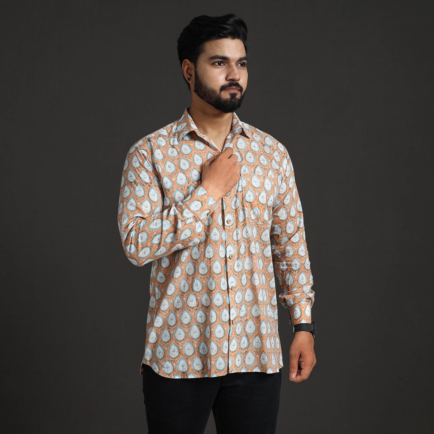 Brown Sanganeri Block Printed Cotton Men Full Sleeve Shirt