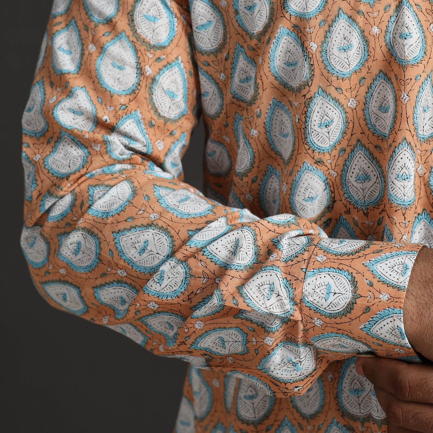 Brown Sanganeri Block Printed Cotton Men Full Sleeve Shirt