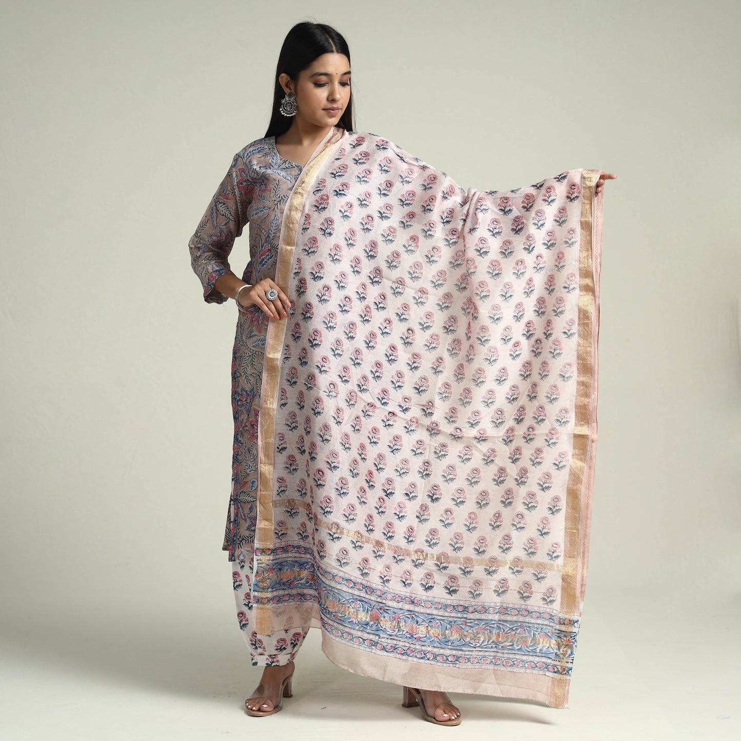 Sanganeri Block Printed Maheshwari Silk Kurta with Palazzo & Dupatta Set