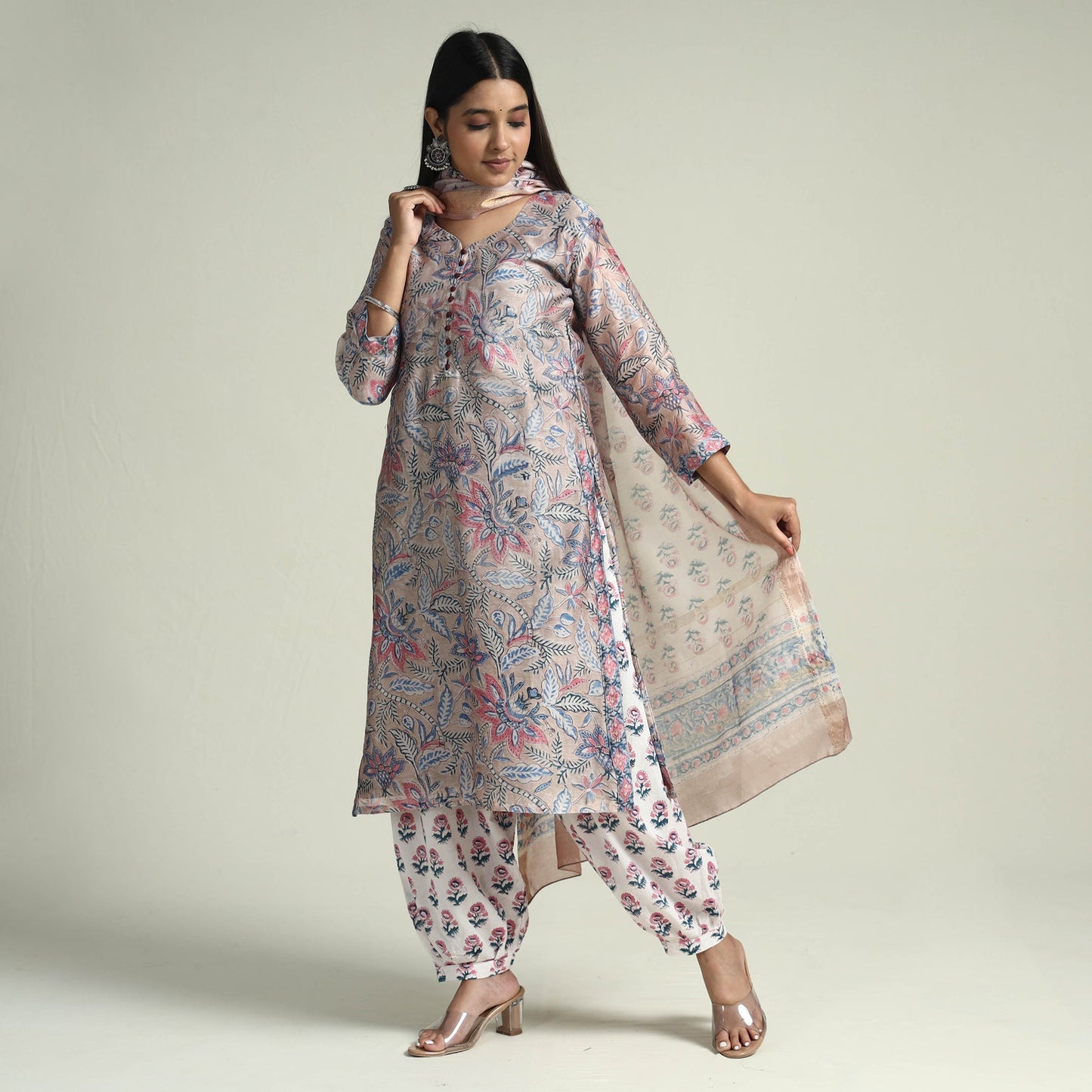 Sanganeri Block Printed Maheshwari Silk Kurta with Palazzo & Dupatta Set