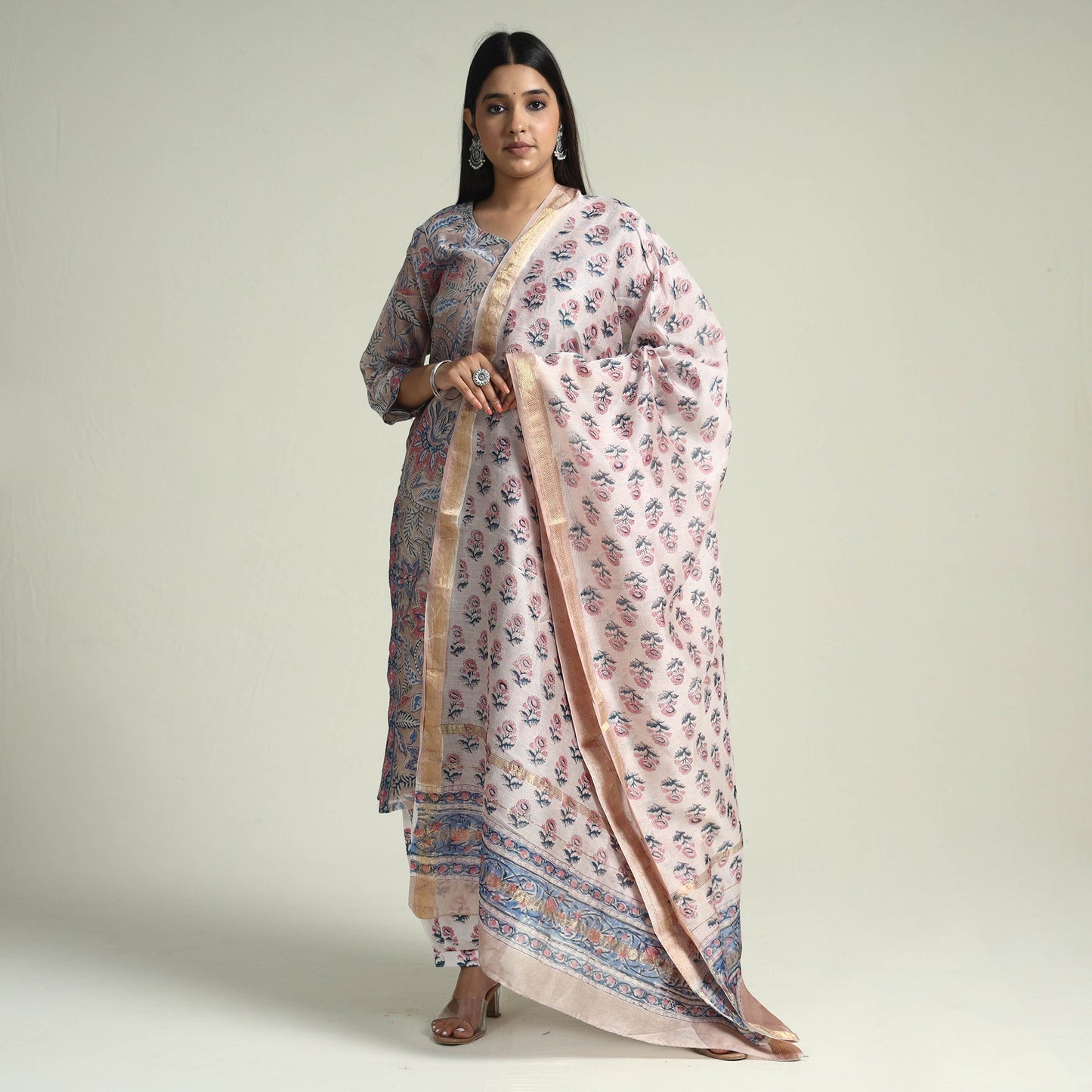 Sanganeri Block Printed Maheshwari Silk Kurta with Palazzo & Dupatta Set