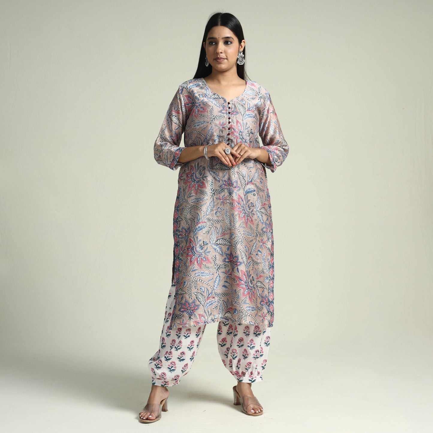 Sanganeri Block Printed Maheshwari Silk Kurta with Palazzo & Dupatta Set
