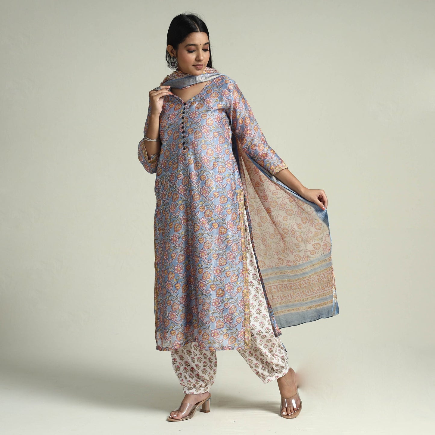 Brown - Sanganeri Block Printed Maheshwari Silk Kurta with Palazzo & Dupatta Set