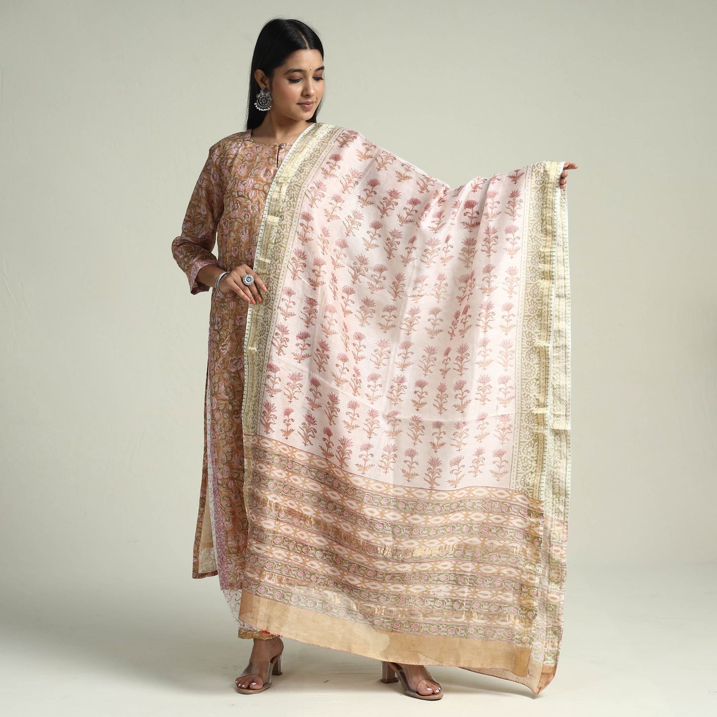 Sanganeri Block Printed Maheshwari Silk Kurta with Palazzo & Dupatta Set
