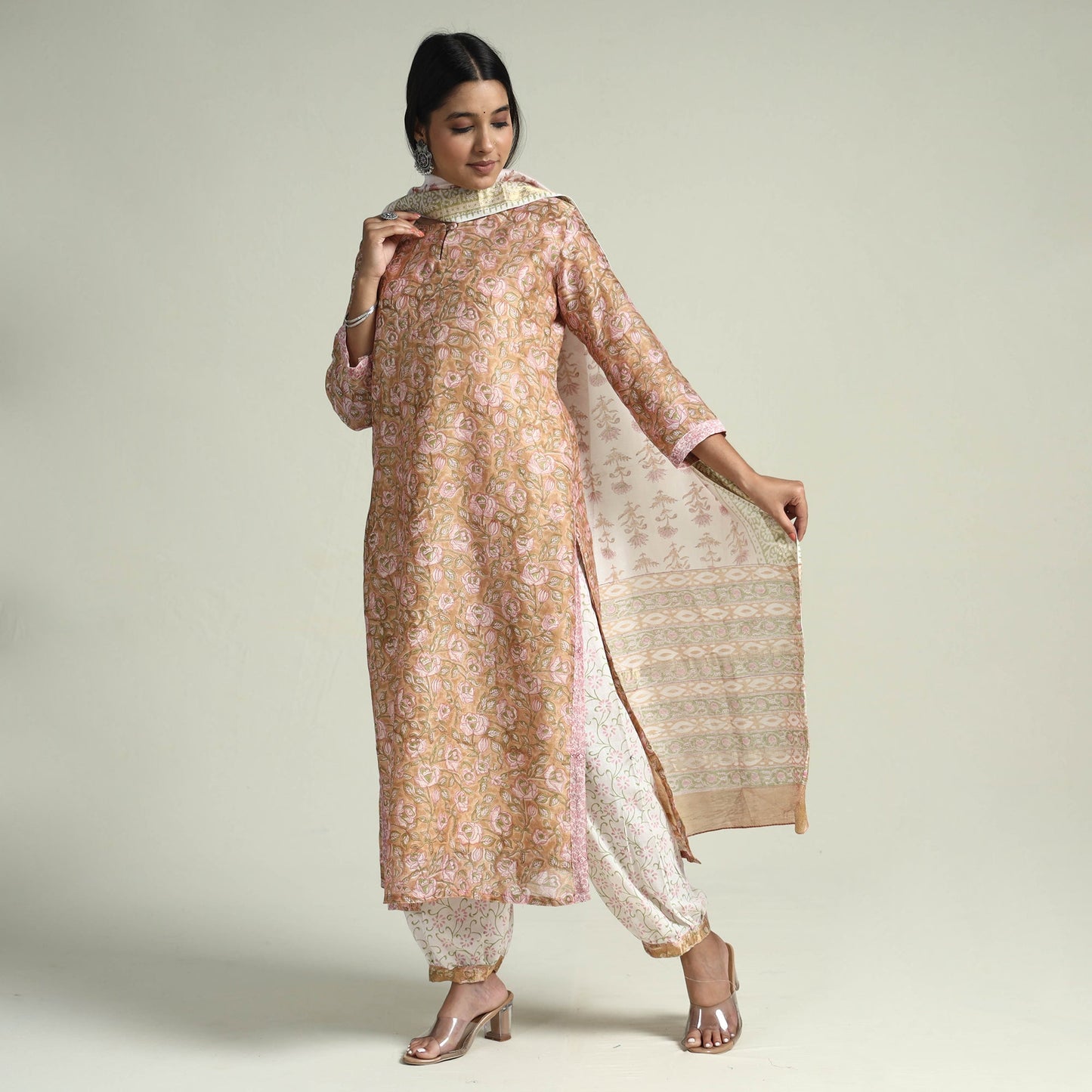 Sanganeri Block Printed Maheshwari Silk Kurta with Palazzo & Dupatta Set