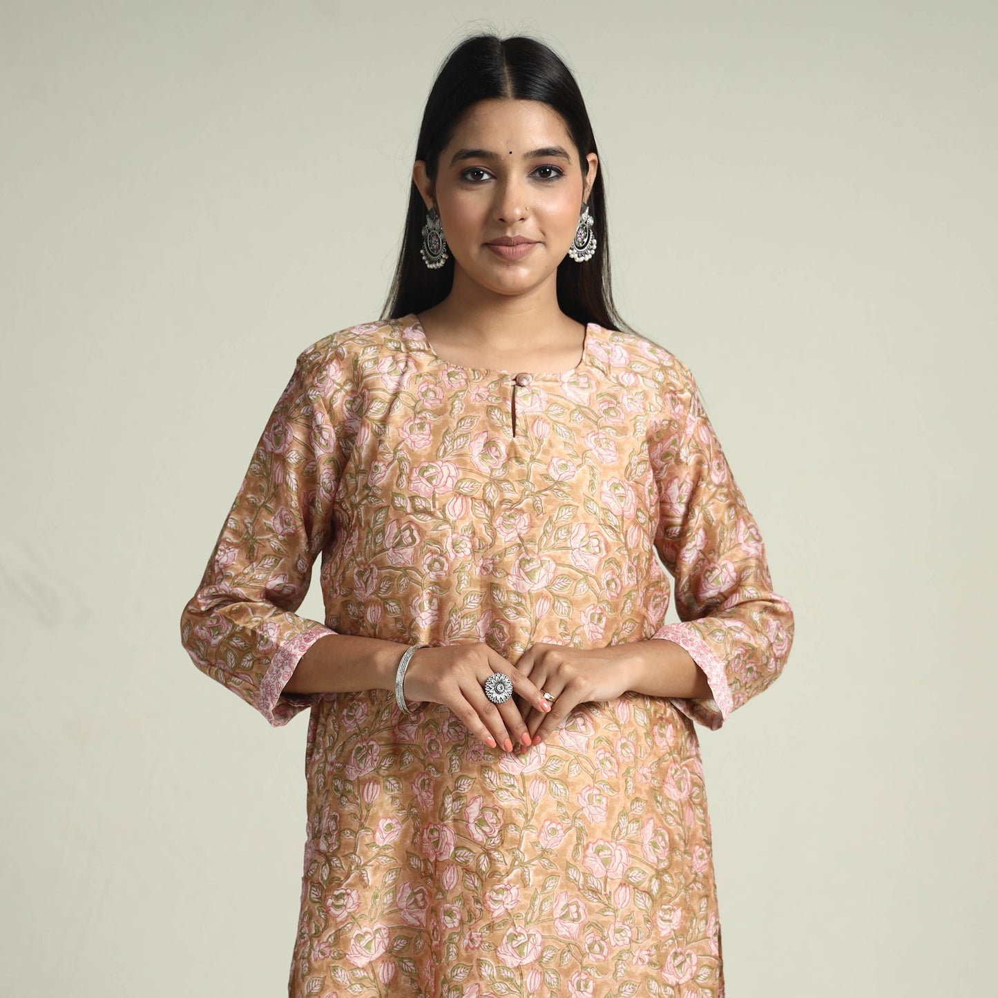Sanganeri Block Printed Maheshwari Silk Kurta with Palazzo & Dupatta Set