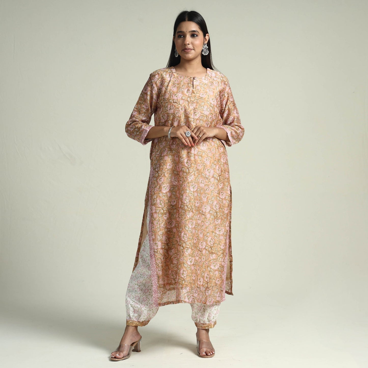 Sanganeri Block Printed Maheshwari Silk Kurta with Palazzo & Dupatta Set
