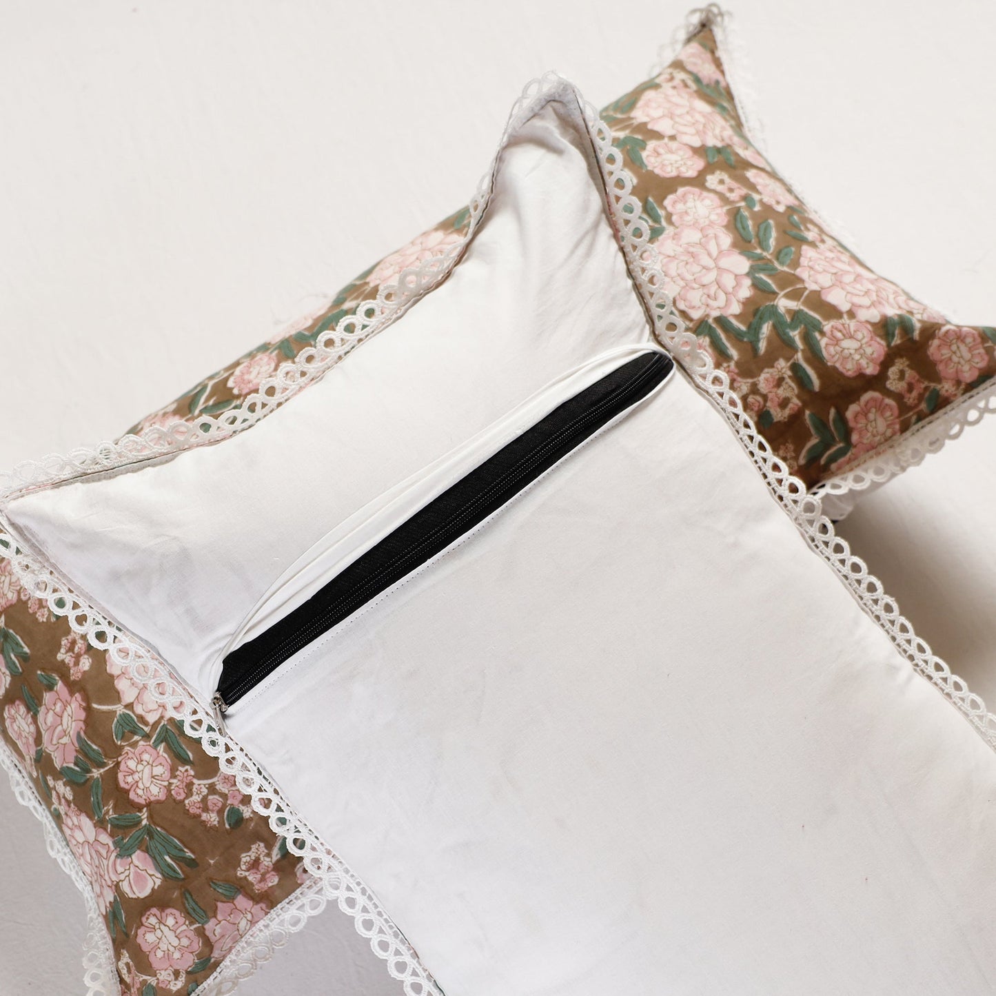Sanganeri Block Printed Cotton Pillow Cover with Lace (26 x 16 in) - Set of 2