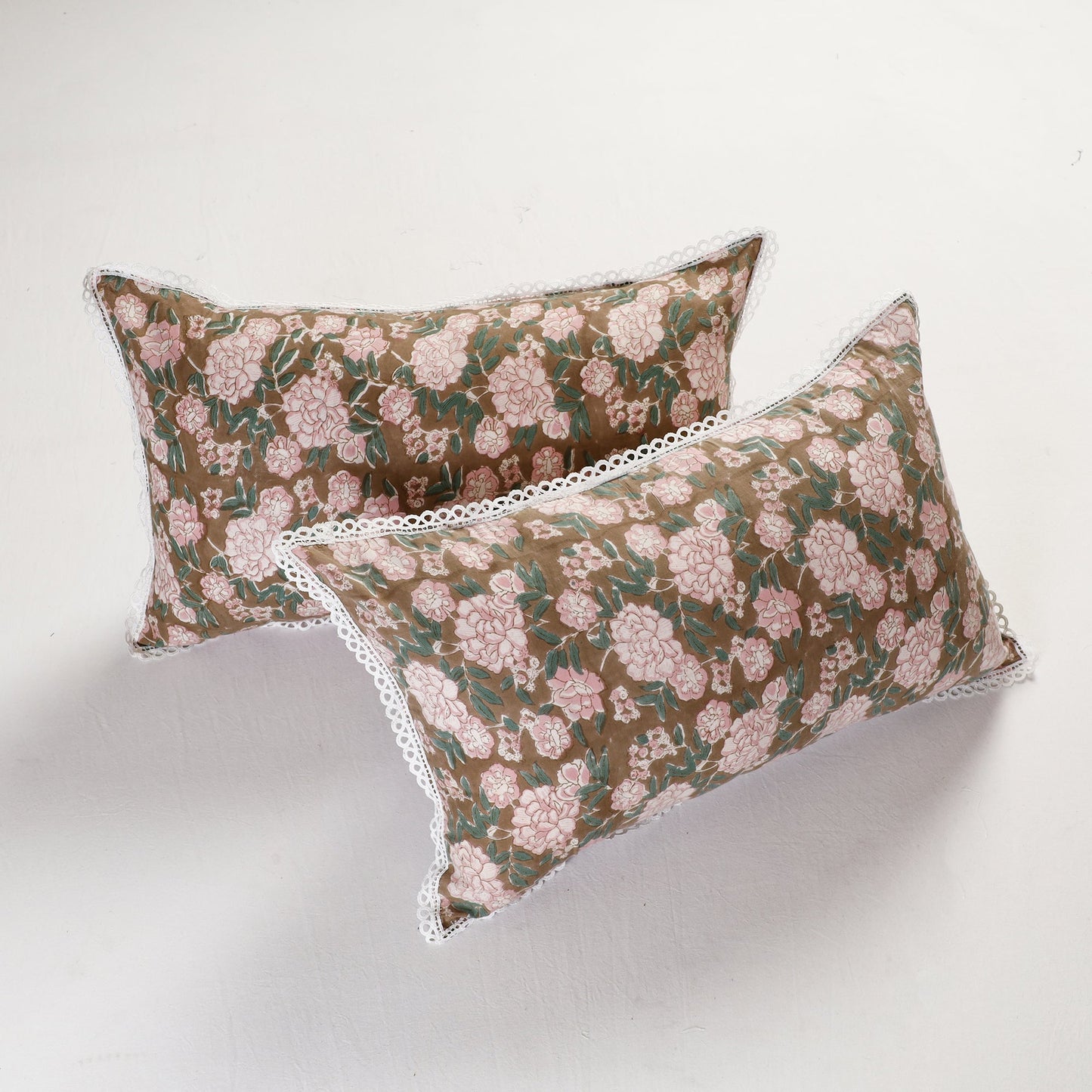 Sanganeri Block Printed Cotton Pillow Cover with Lace (26 x 16 in) - Set of 2