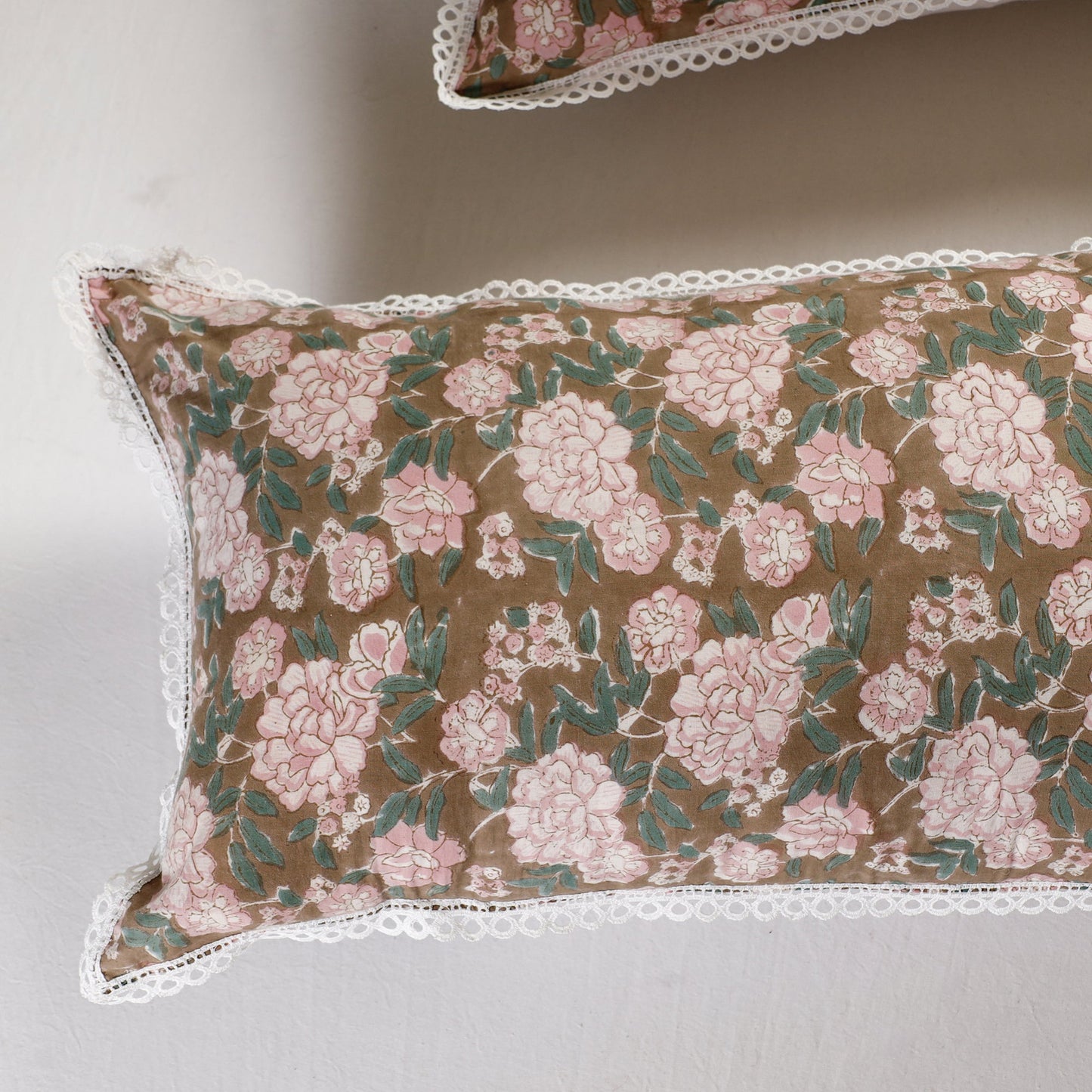 Sanganeri Block Printed Cotton Pillow Cover with Lace (26 x 16 in) - Set of 2