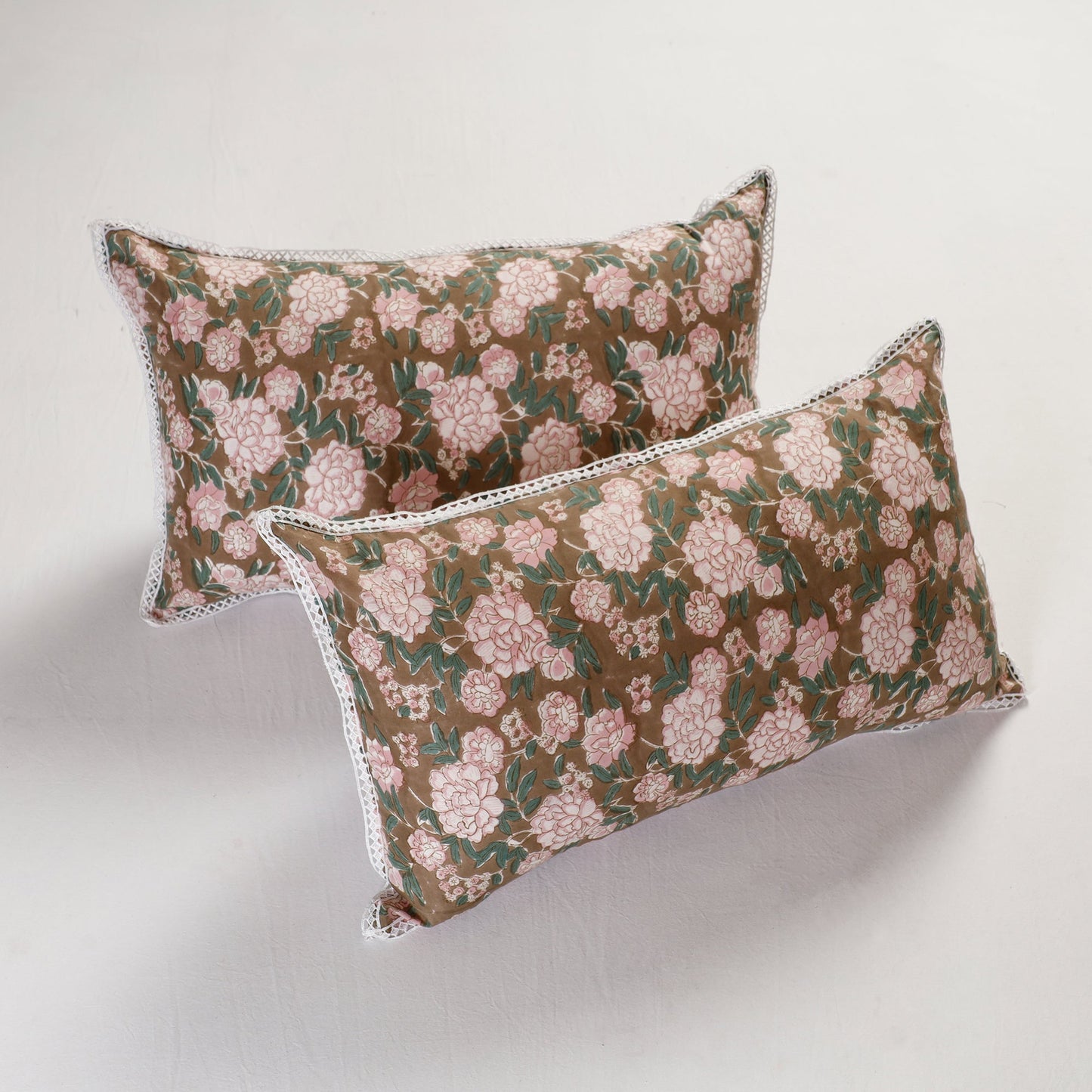 BuySanganeri Block Printed Cotton Pillow Cover With Lace (26 x 16 in) - Set of 2