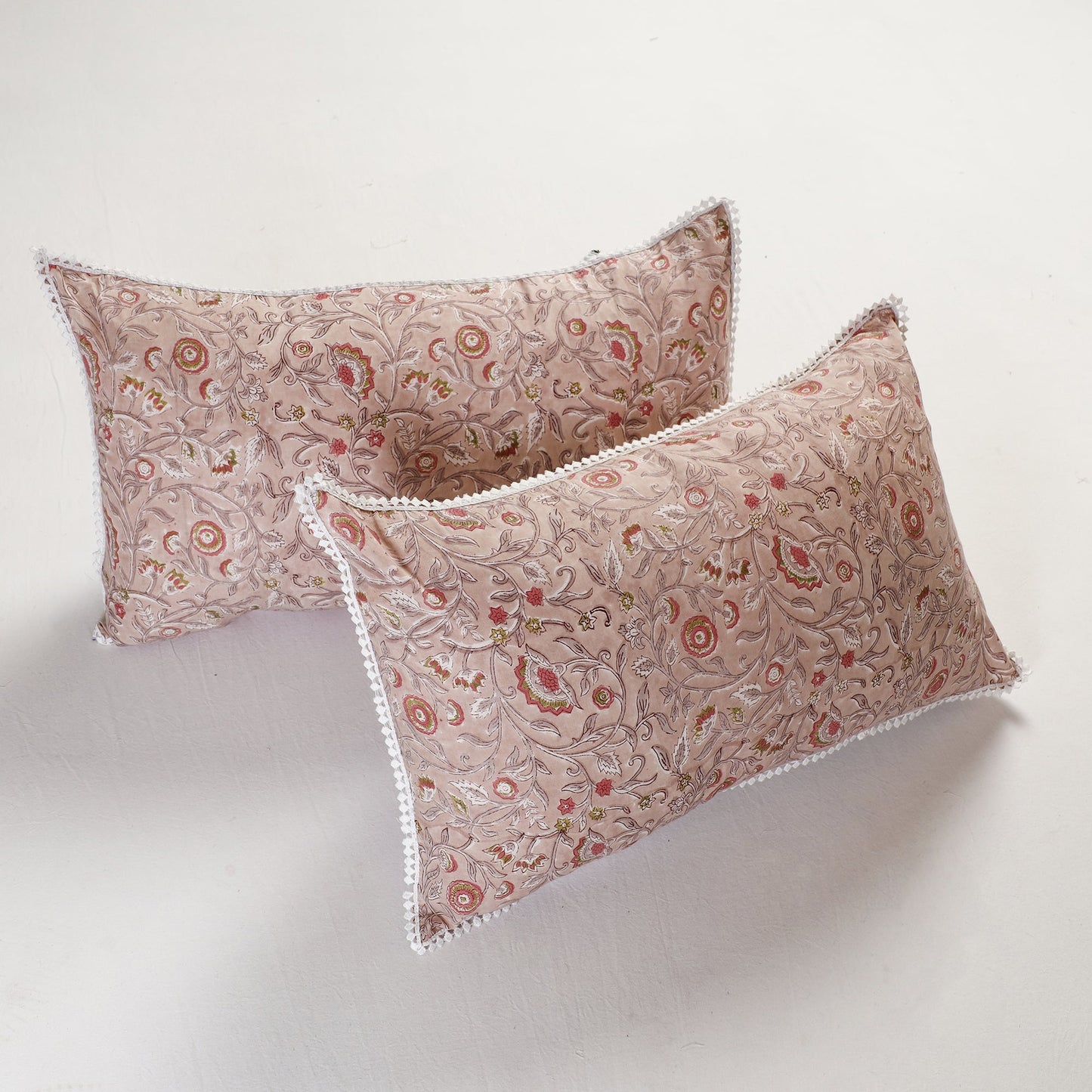 BuySanganeri Block Printed Cotton Pillow Cover With Lace (26 x 16 in) - Set of 2