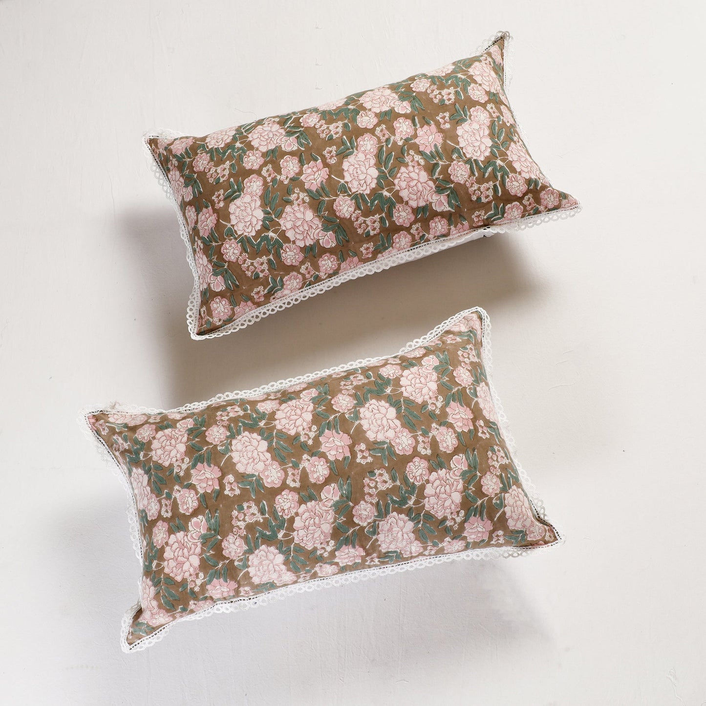 Sanganeri Block Printed Cotton Pillow Cover with Lace (26 x 16 in) - Set of 2