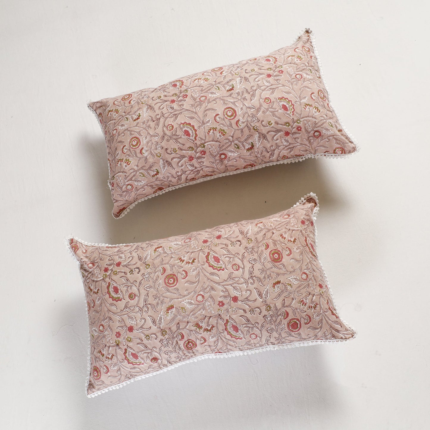 BuySanganeri Block Printed Cotton Pillow Cover With Lace (26 x 16 in) - Set of 2