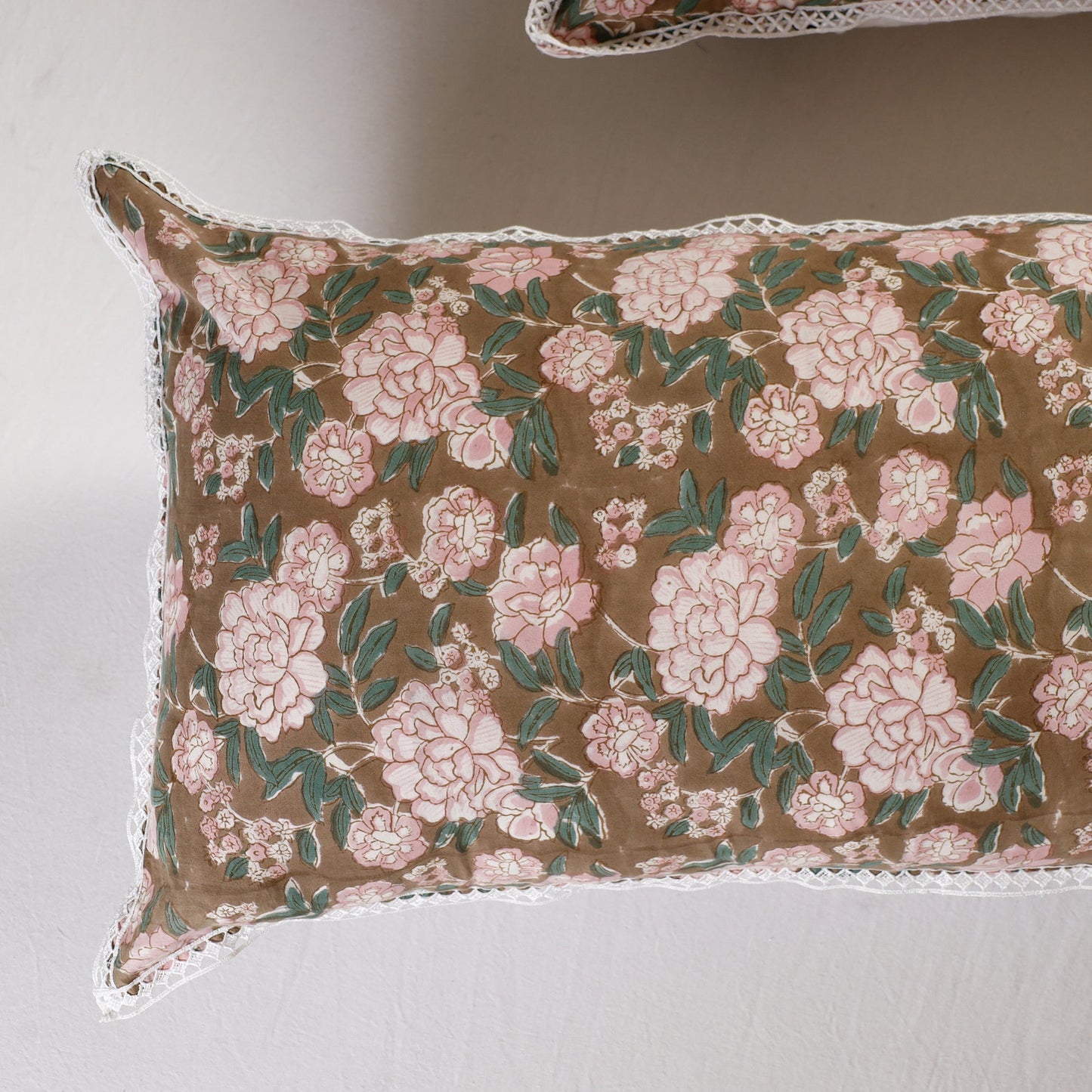 BuySanganeri Block Printed Cotton Pillow Cover With Lace (26 x 16 in) - Set of 2