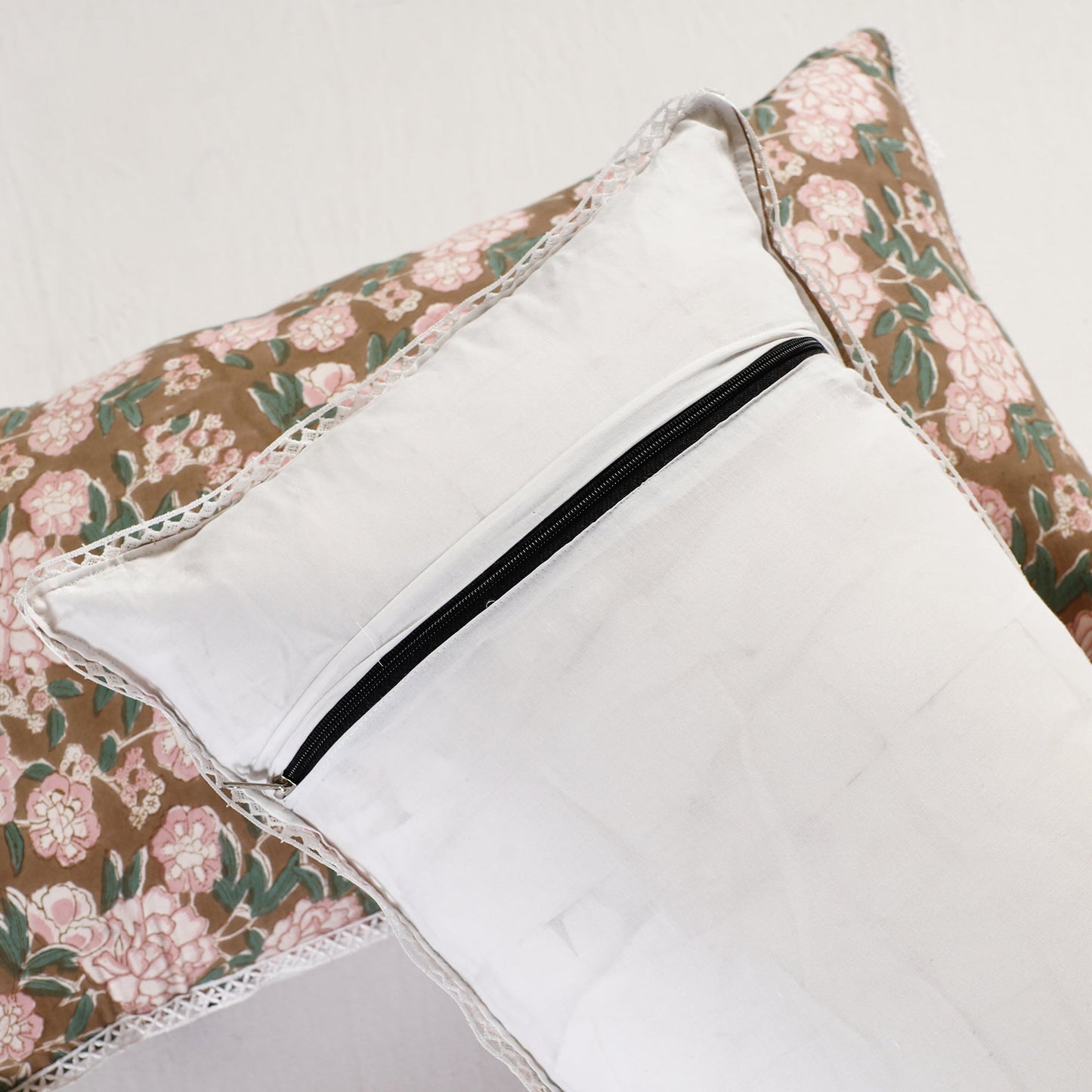 BuySanganeri Block Printed Cotton Pillow Cover With Lace (26 x 16 in) - Set of 2