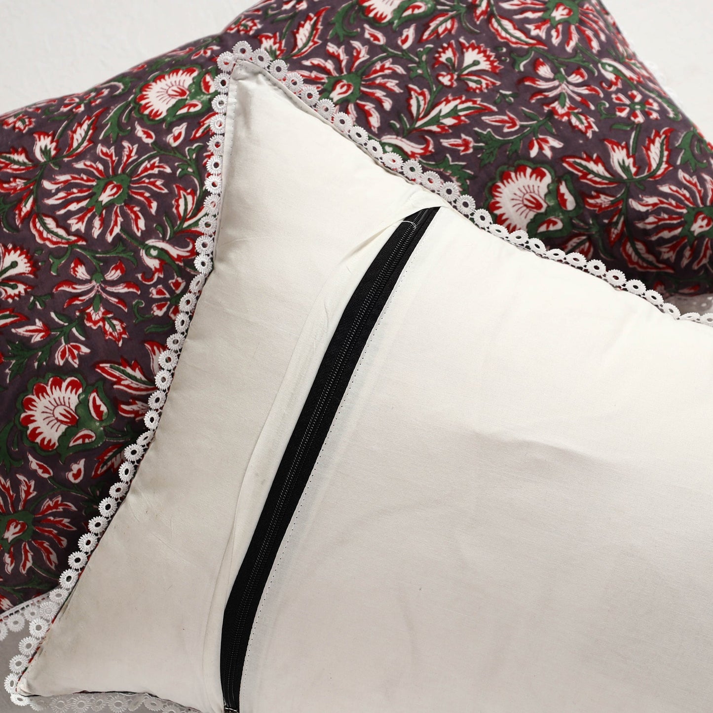 Sanganeri Block Printed Cotton Pillow Cover with Lace (28 x 18 in) - Set of 2