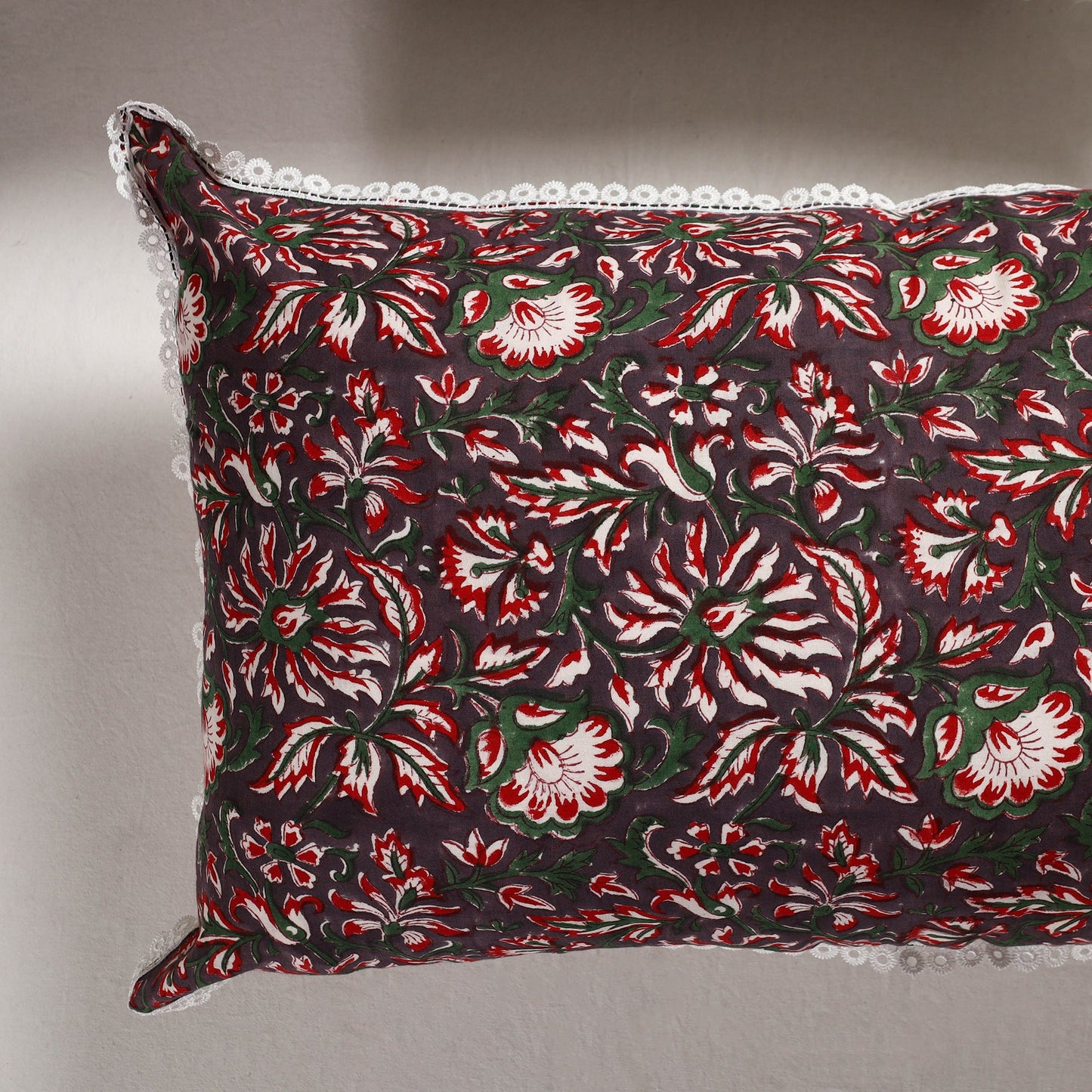 Sanganeri Block Printed Cotton Pillow Cover with Lace (28 x 18 in) - Set of 2