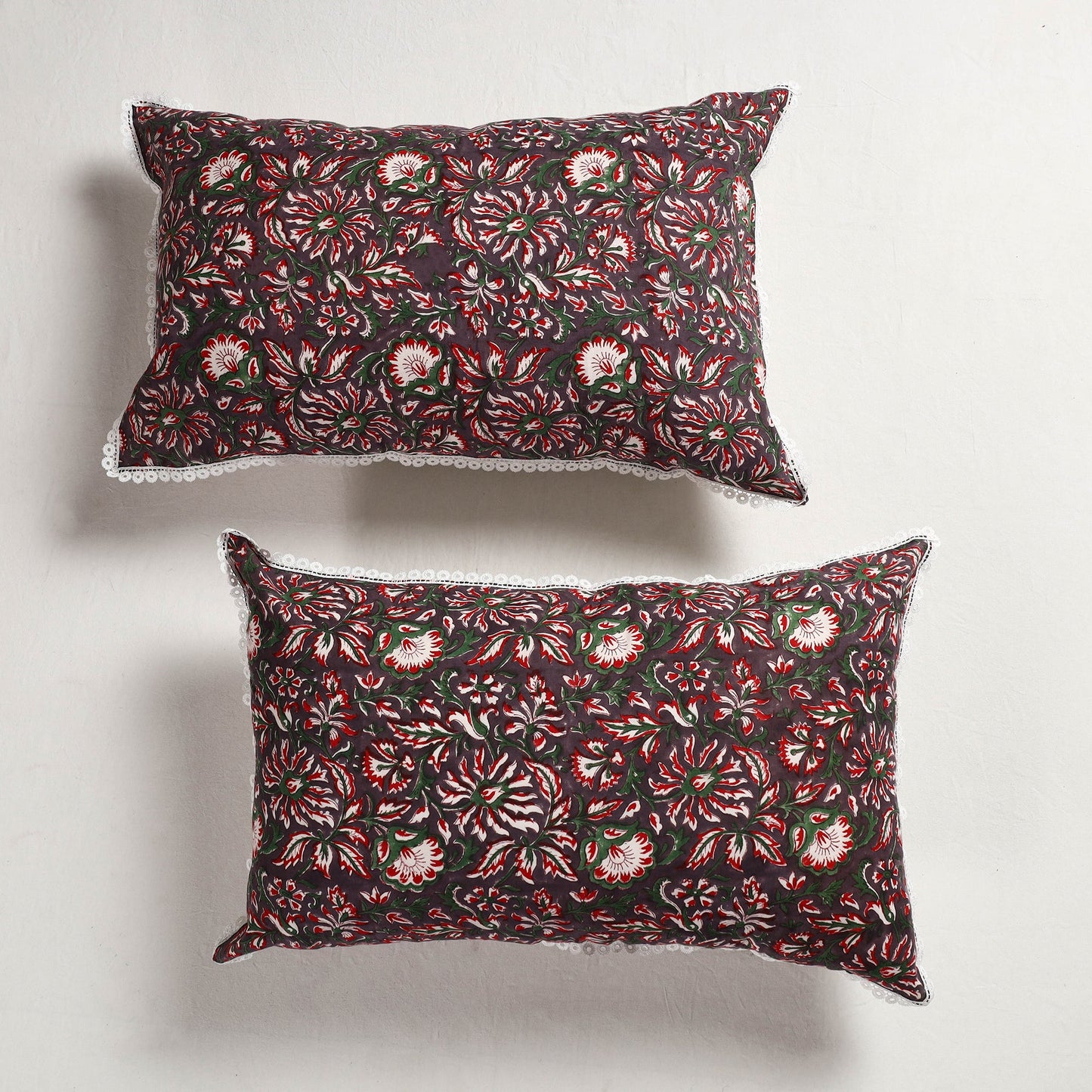 Sanganeri Block Printed Cotton Pillow Cover with Lace (28 x 18 in) - Set of 2