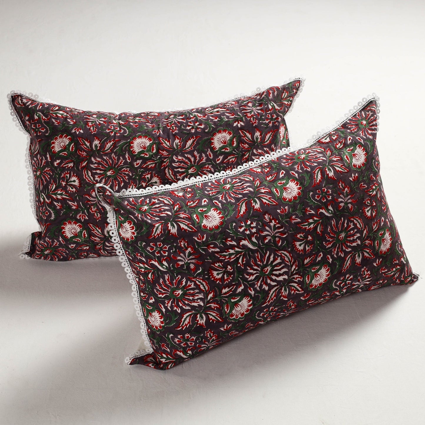 Sanganeri Block Printed Cotton Pillow Cover with Lace (28 x 18 in) - Set of 2