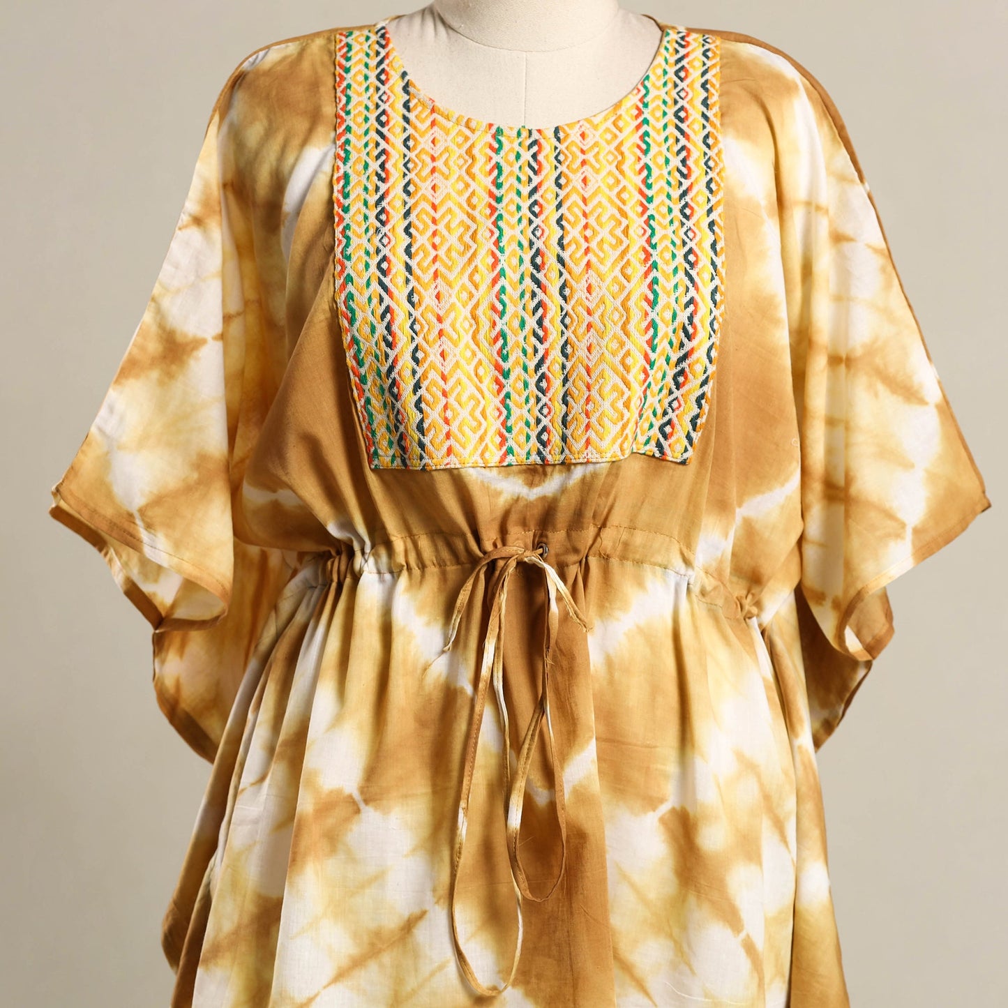 Brown Shibori Jacquard Mosaic Fusion Cotton Kaftan (Short)