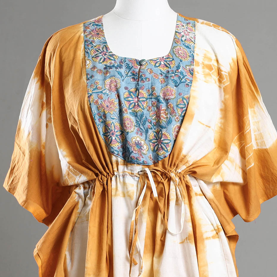 Brown - Shibori Tie-Dye Cotton Kaftan with Tie-Up Waist (Medium)