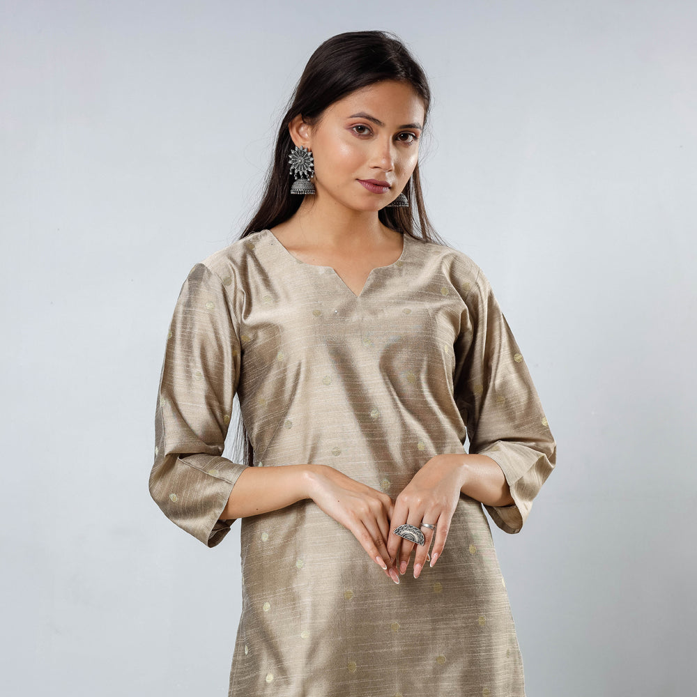 Brown - Silver Polka Zari Butta Spun Dupion Silk Long Kurta