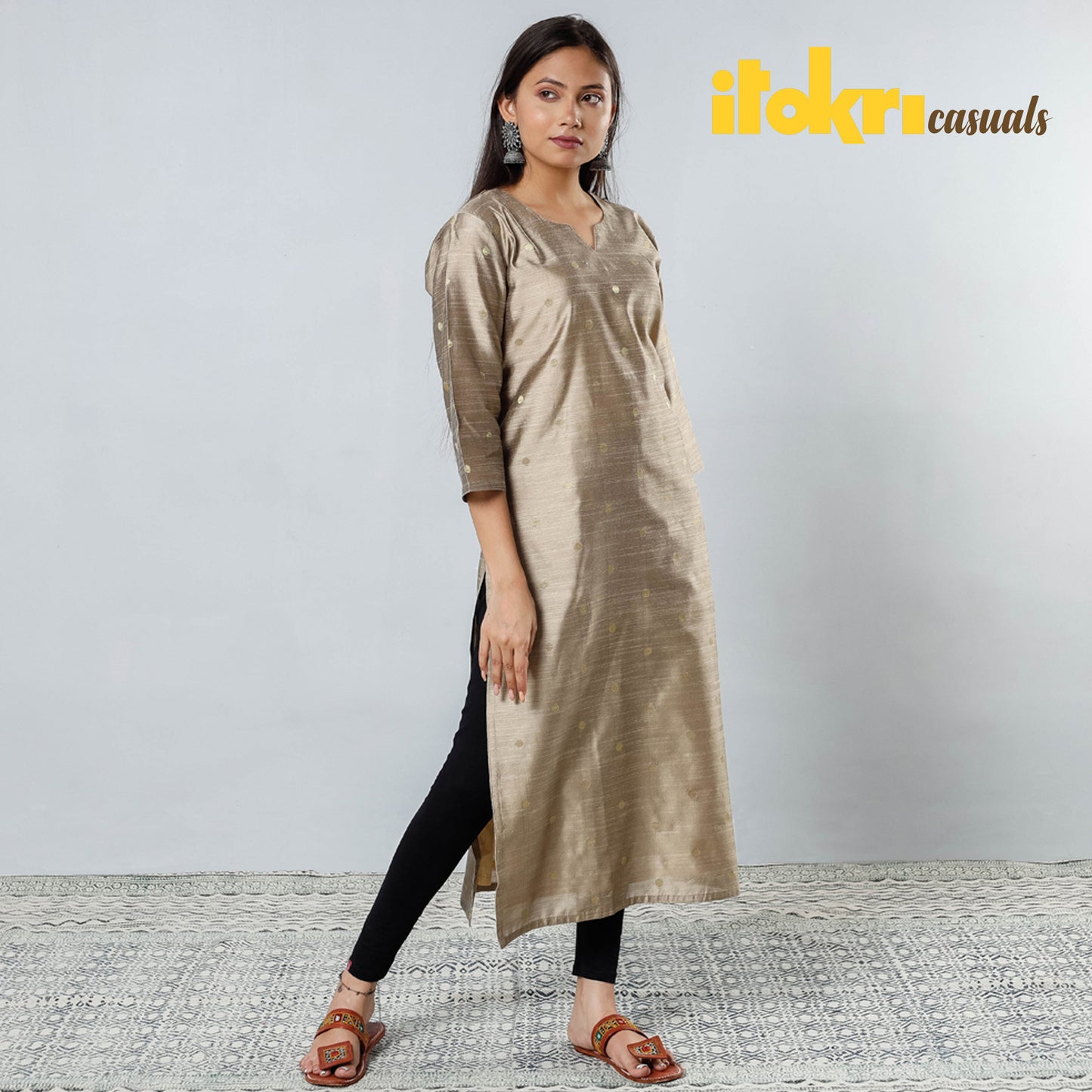 Brown - Silver Polka Zari Butta Spun Dupion Silk Long Kurta