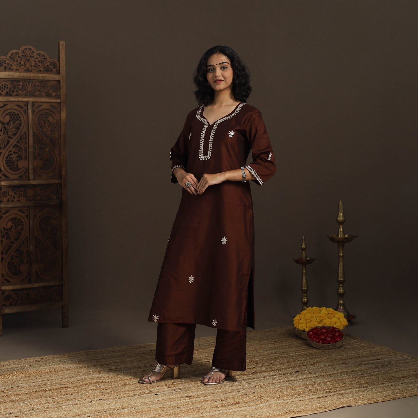 Brown - slub silk gota work straight plain kurta 06