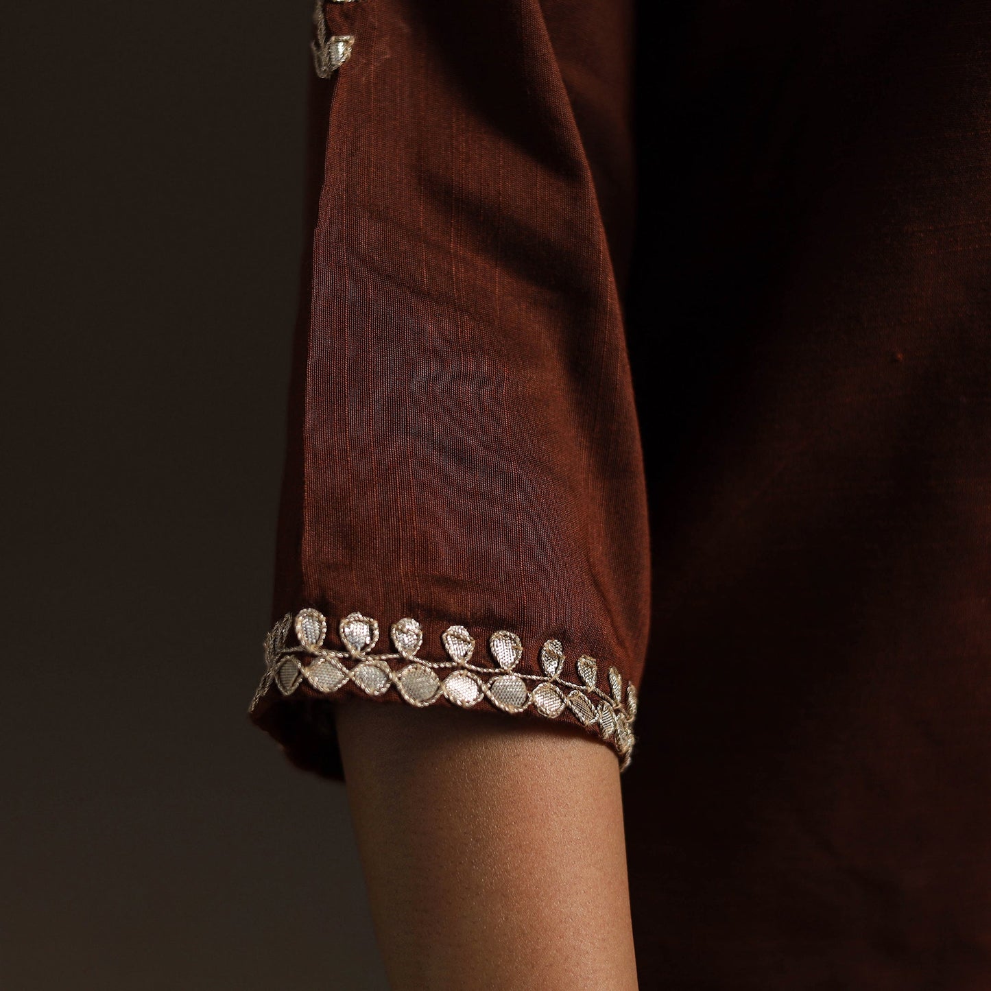 Brown - slub silk gota work straight plain kurta 06