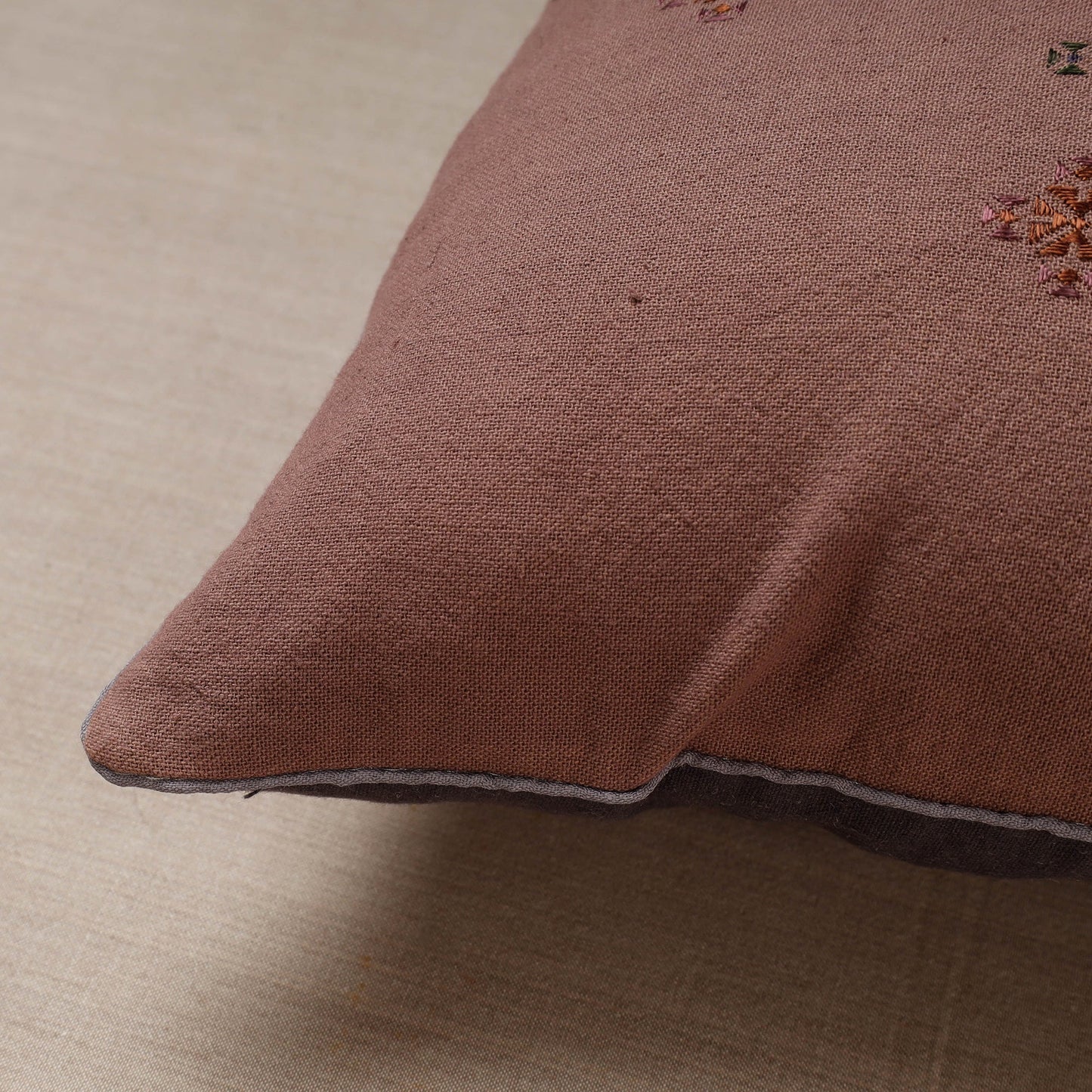 Brown Soof Embroidery Cotton Cushion Cover