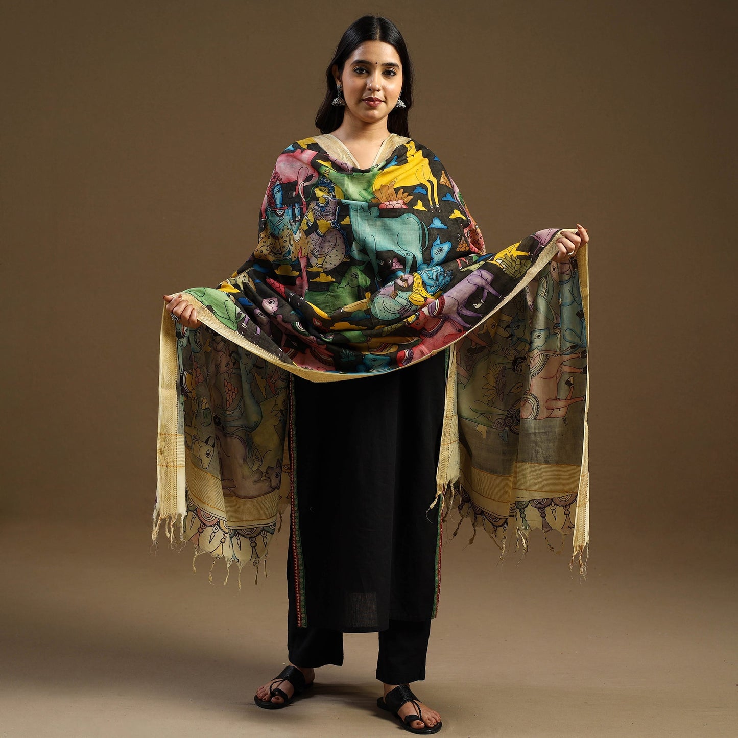 Brown Pen Work Mangalagiri Cotton Handpainted Kalamkari Dupatta