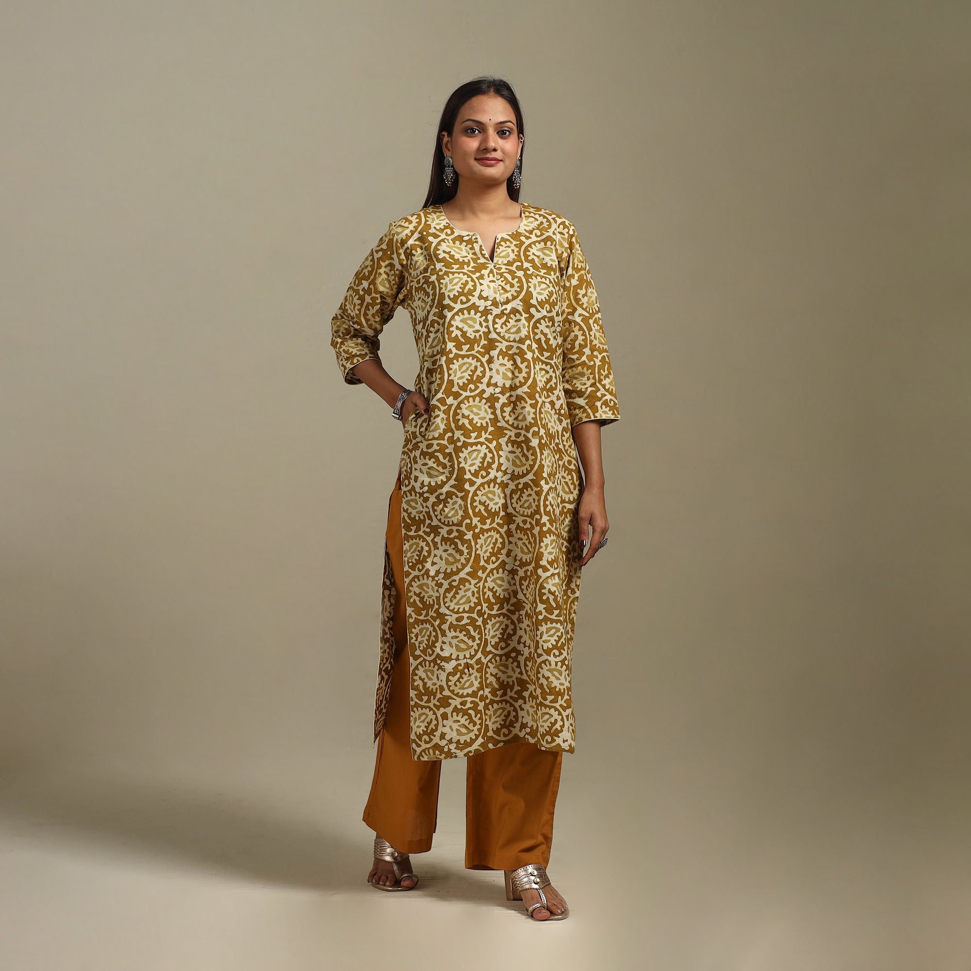 Brown - Straight Cotton Hand Block Batik Print Kurta for women 29