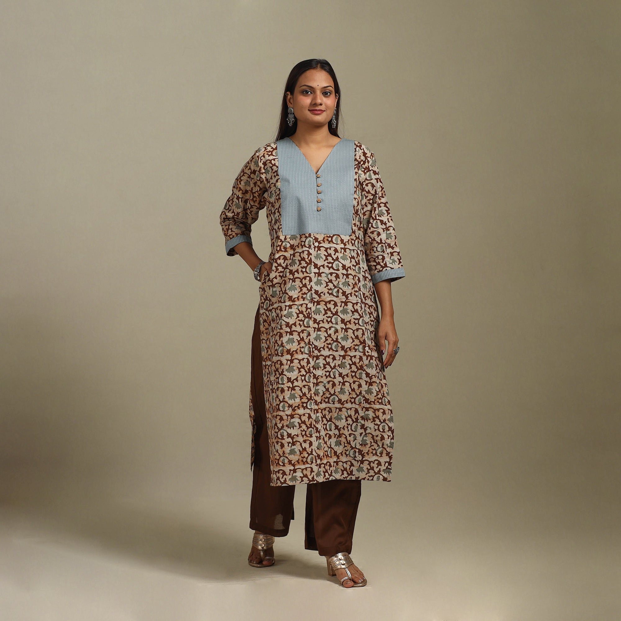 Brown - Straight Patchwork Cotton Hand Block Batik Print Kurta for women 35