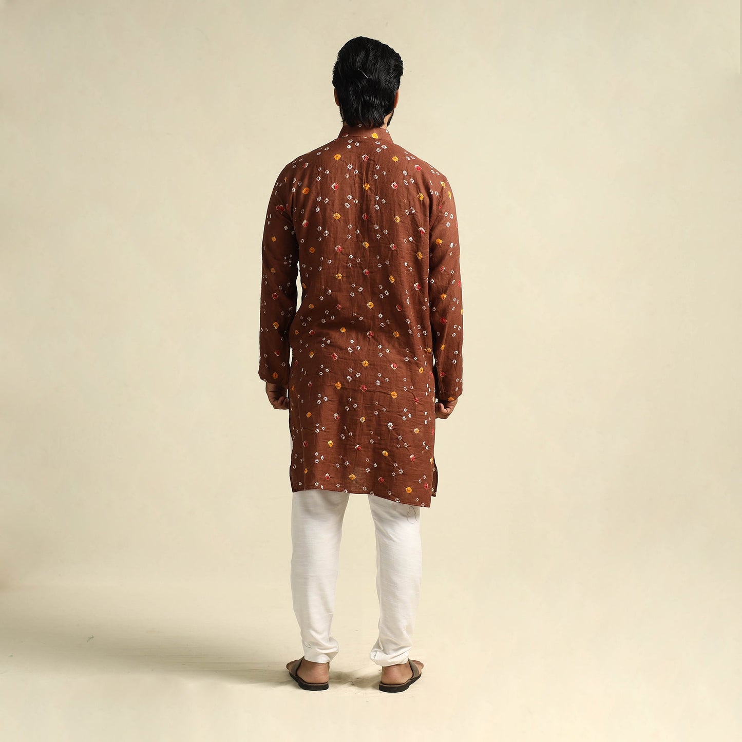 Brown Tie-Dye Mul Cotton Long Bandhani Kurta for Men