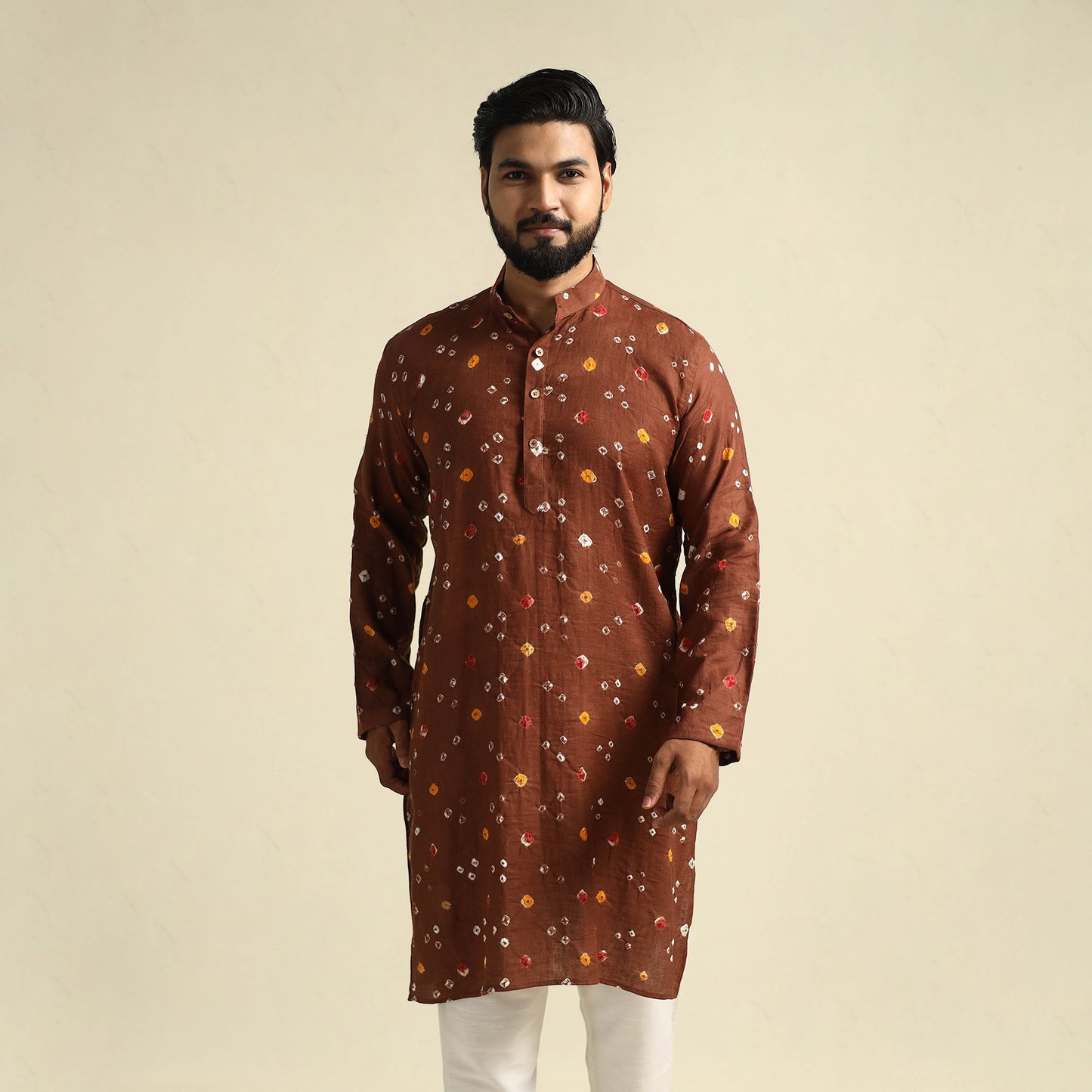 Brown Tie-Dye Mul Cotton Long Bandhani Kurta for Men
