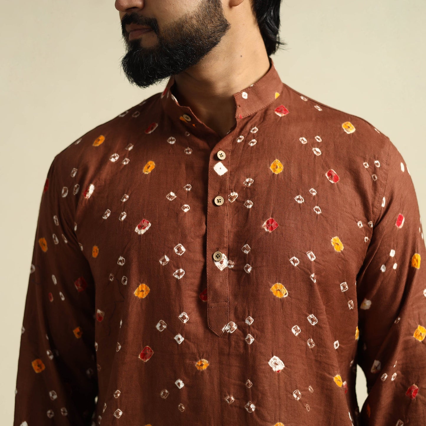 Brown Tie-Dye Mul Cotton Long Bandhani Kurta for Men