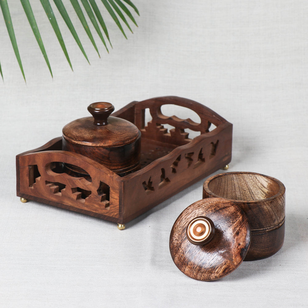 Brown Tray with 2 Bowls - Handcrafted with Sheesham Wood