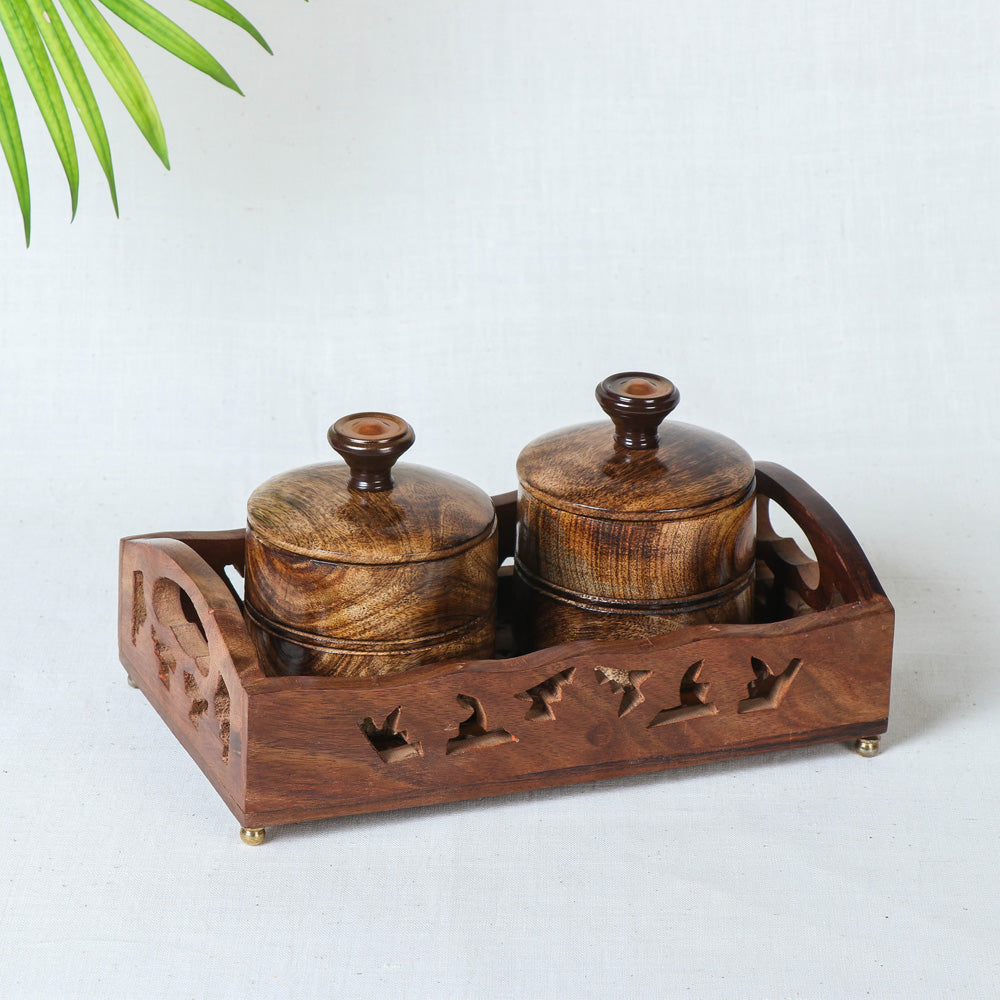 Brown Tray with 2 Bowls - Handcrafted with Sheesham Wood