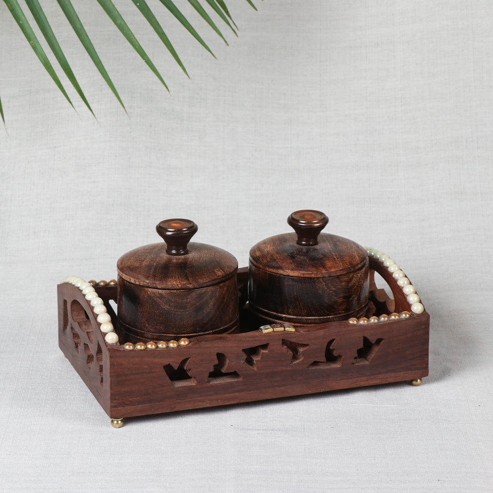 Brown Tray with 2 Bowls - Handcrafted with Sheesham Wood