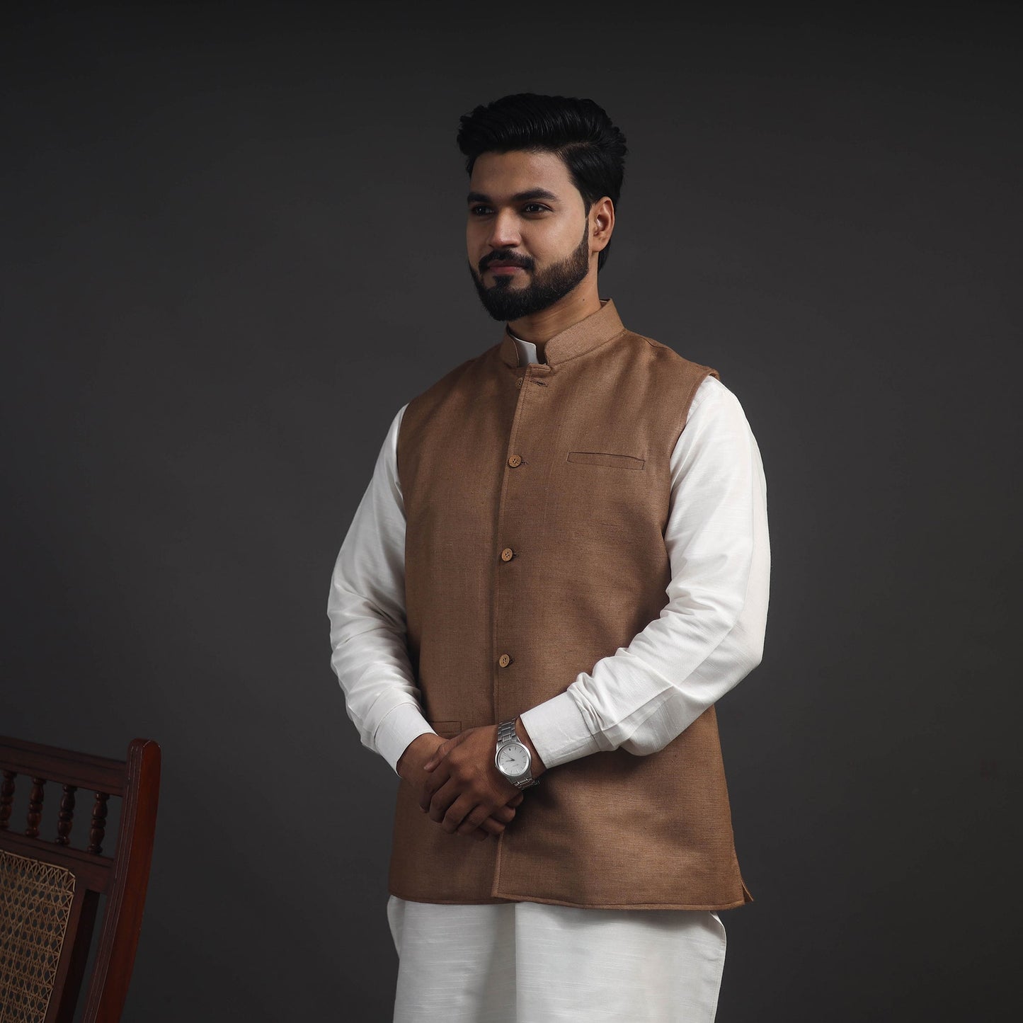 Brown Vidarbha Tussar x Katia Silk Handloom Nehru Jacket