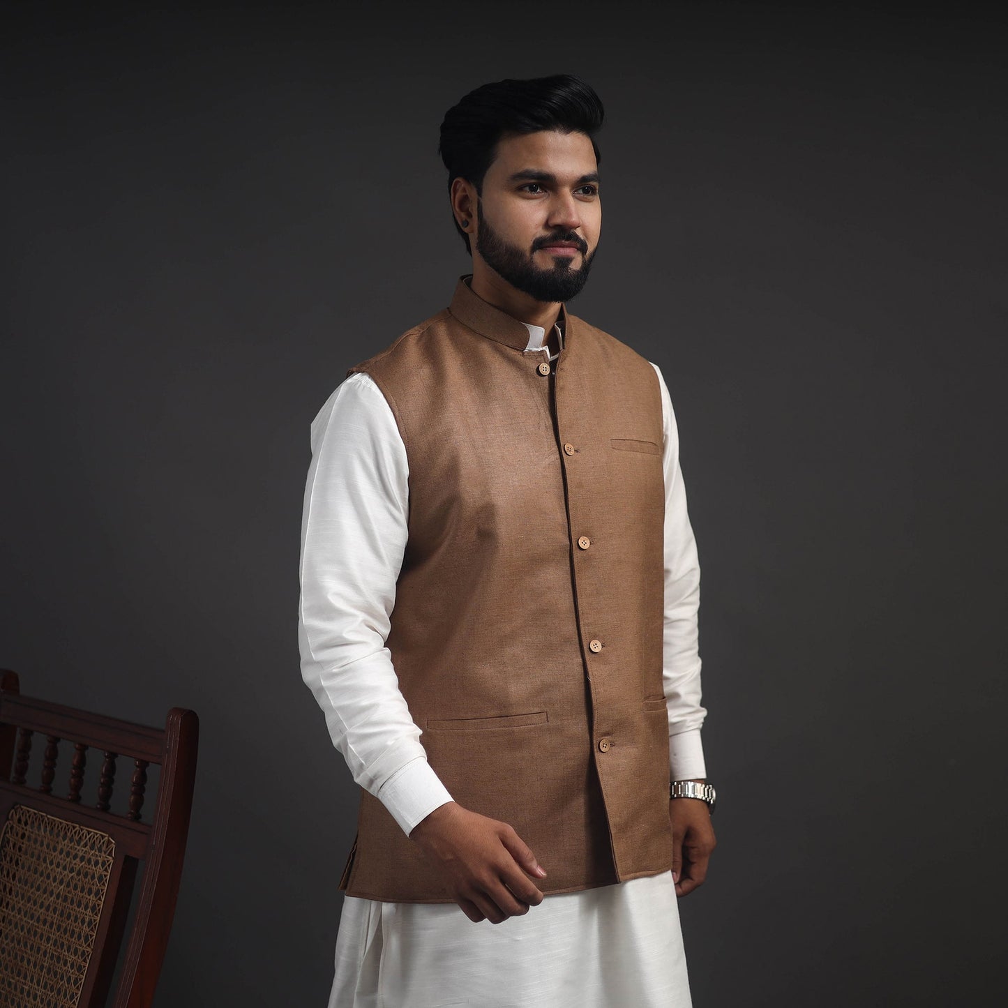 Brown Vidarbha Tussar x Katia Silk Handloom Nehru Jacket