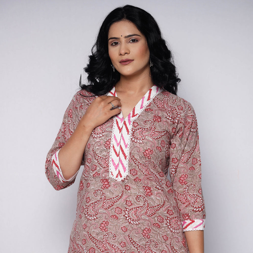Sanganeri Hand Block Printed Cotton Long Kurta with Palazzo Set