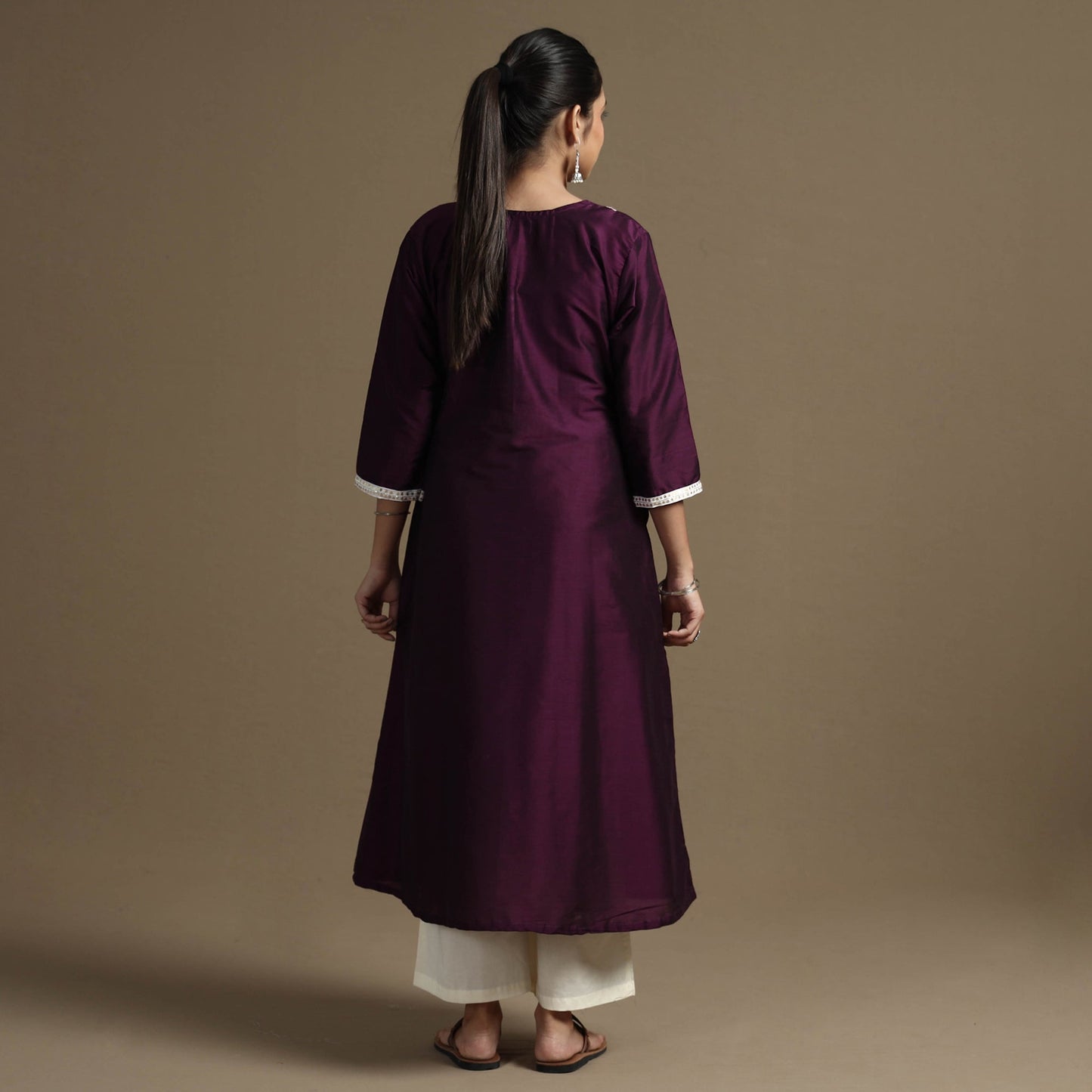 Plain Solid Slub Silk Kurta with Beadwork Hand Embroidery Lace