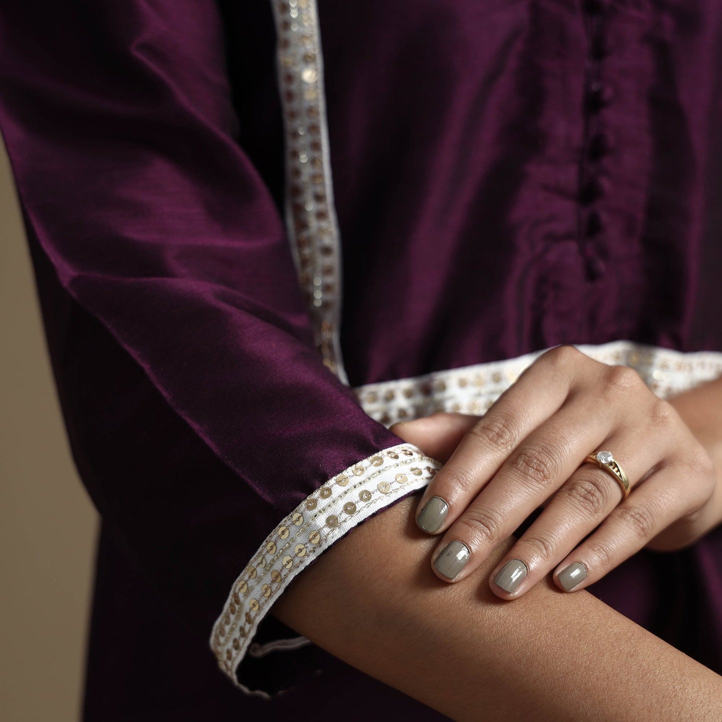 Plain Solid Slub Silk Kurta with Beadwork Hand Embroidery Lace