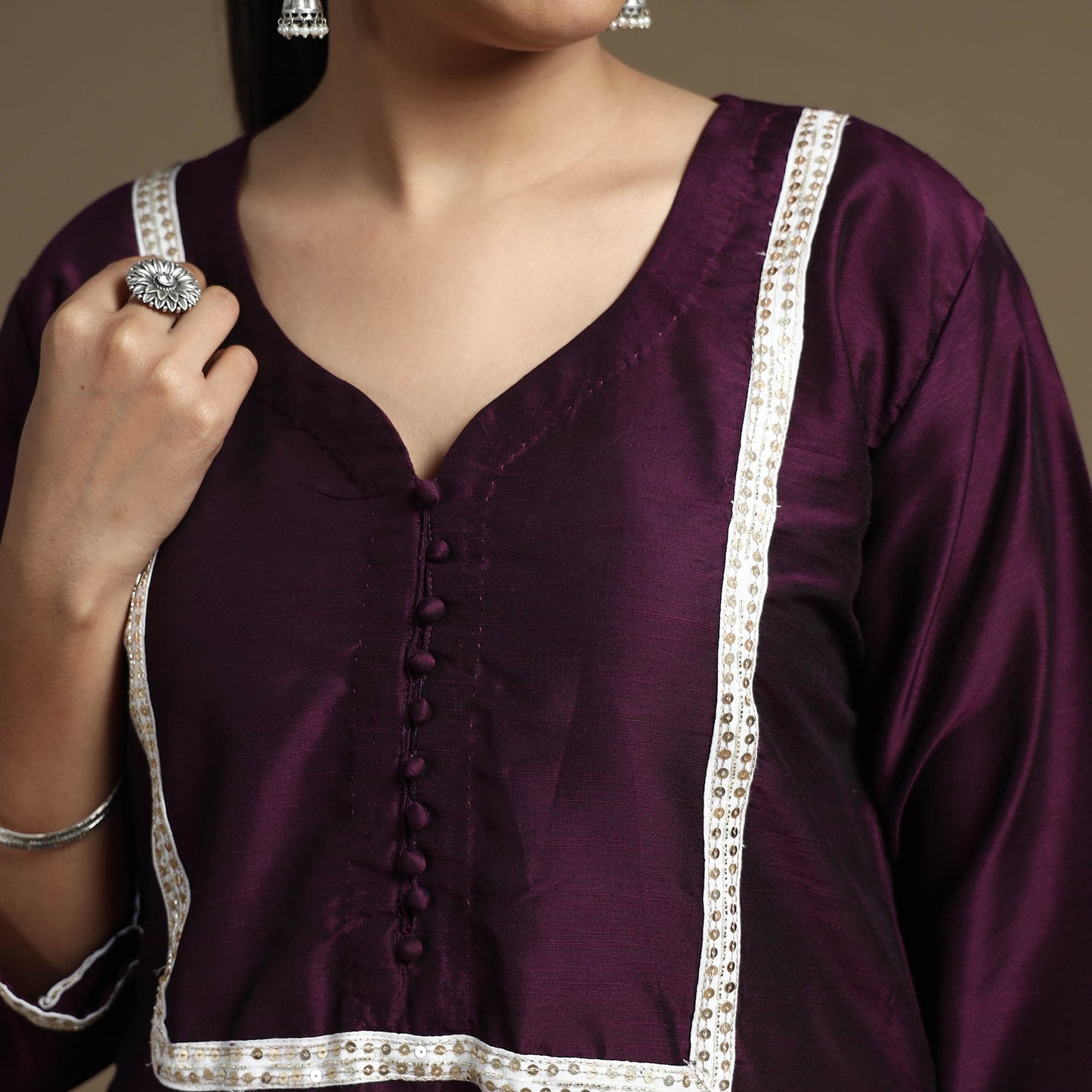 Plain Solid Slub Silk Kurta with Beadwork Hand Embroidery Lace