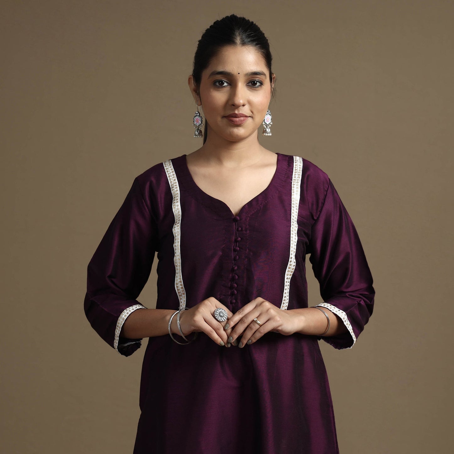 Plain Solid Slub Silk Kurta with Beadwork Hand Embroidery Lace