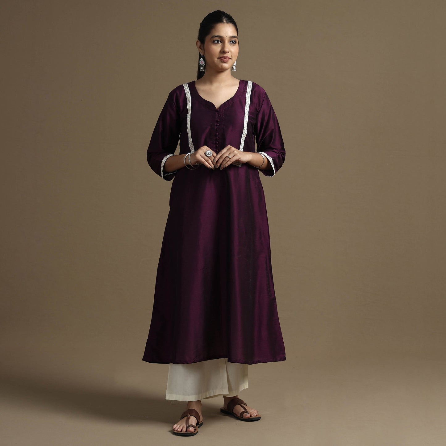 Plain Solid Slub Silk Kurta with Beadwork Hand Embroidery Lace